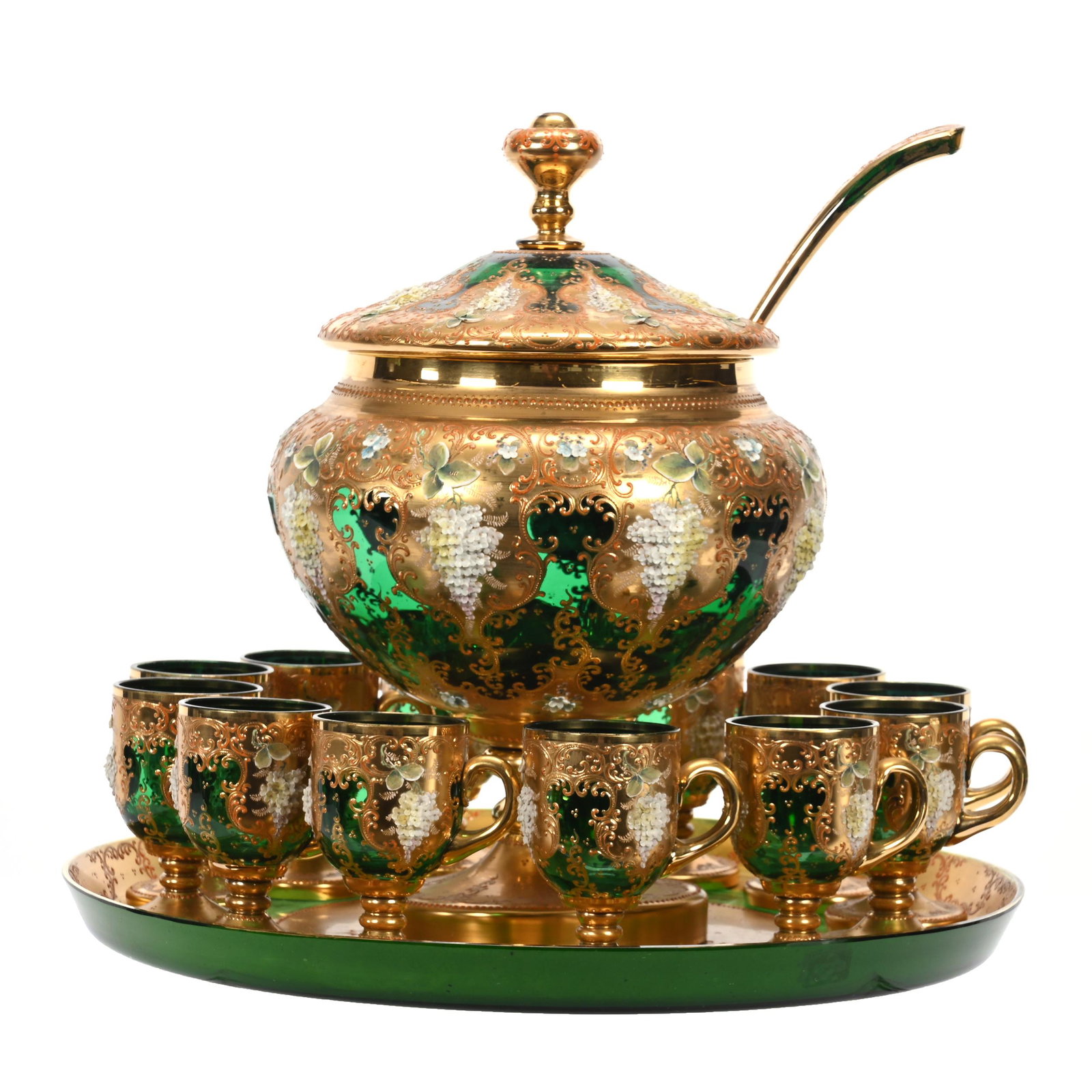 Punch Set, Emerald Green Bohemian Art Glass (1 of 3)