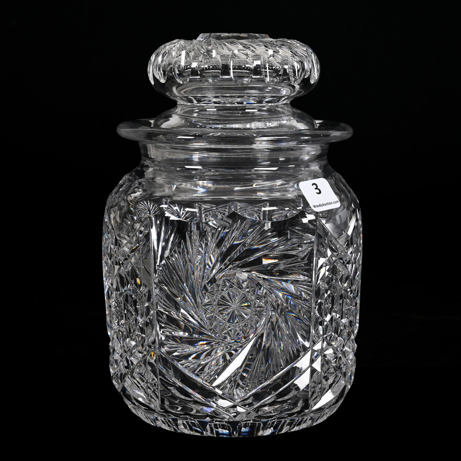 Humidor, American Brilliant Cut Glass: Humidor, American Brilliant Cut Glass, 7.75" x 5.25", Pinwheel, Hobstar And Miter Motif, Pinwheel Cut Lid, Ray Cut Base, Texas Private Collection.