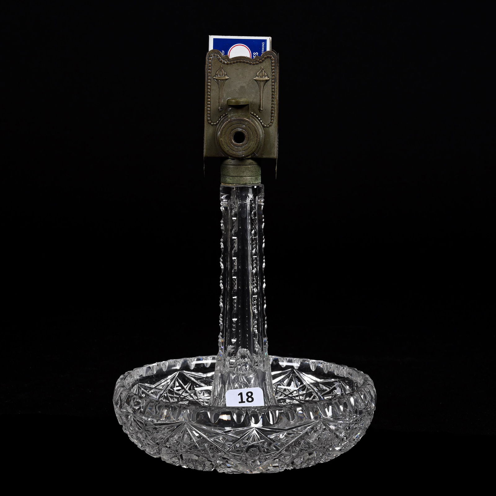 Matchbox Holder/Ashtray, ABCG: Matchbox Holder/Ashtray, American Brilliant Cut Glass, 9.25" x 6.25", Hobstar And Strawberry Diamond Motif, Tarnished Metal Matchbox Holder With Tobacco Cutter, Texas Private Collection.