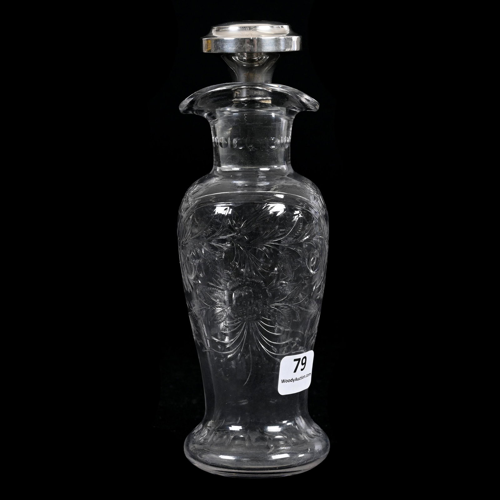 Oil & Vinegar Bottle, ABCG, By Hawkes: Oil & Vinegar Bottle, American Brilliant Cut Glass, By Hawkes, 7.75" x 2.5", Finely Engraved Floral Design, Marked Hawkes Sterling Silver Stopper, James & Geraldine Imlay Collection.
