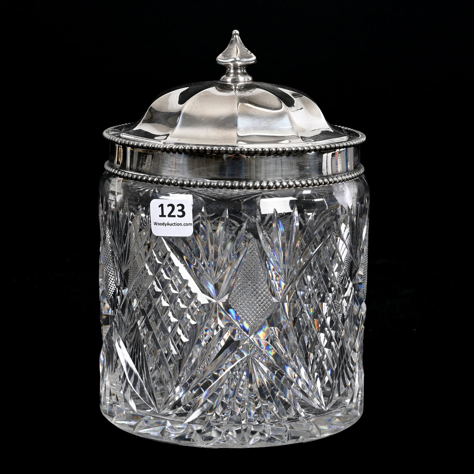 Humidor, American Brilliant Cut Glass: Humidor, American Brilliant Cut Glass, 7.75" x 5.5", Crosscut Diamond, Strawberry Diamond And Fan Motif, Silverplate Lid With Inset Sponge Holder, Texas Private Collection.