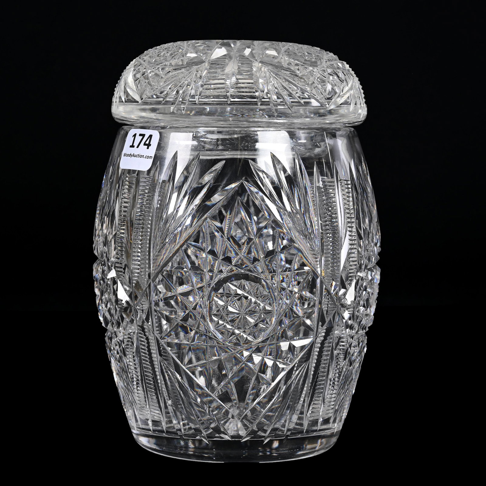 Humidor, American Brilliant Cut Glass: Humidor, American Brilliant Cut Glass, 7" x 4.75", Hobstar, Zipper And Fan Motif, Pattern Cut Lid, Ray Cut Base, Texas Private Collection.