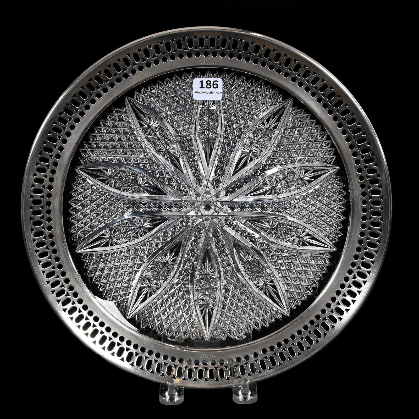 Plate, American Brilliant Cut Glass: Plate, American Brilliant Cut Glass, 11", Hobstar Center, Ten Vesicas Surrounded By Crosscut Diamond Motif, Gorham Sterling Silver Rim, Texas Private Collection.