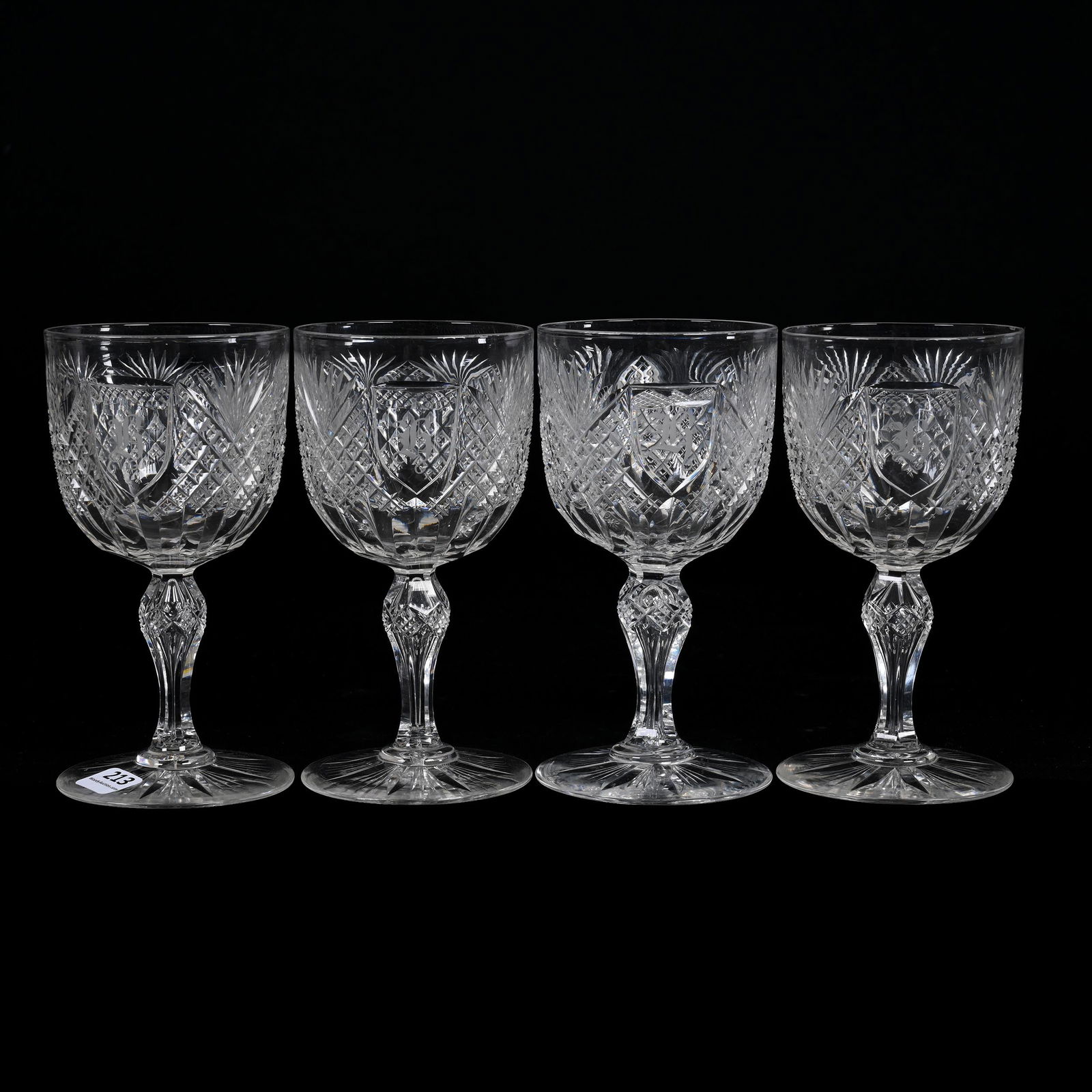 (4) Goblets, American Brilliant Cut Glass: (4) Goblets, American Brilliant Cut Glass, 6.5" x 3.25", Crosscut Diamond, Miter And Fan Motif, Each Goblet Has Shield Crest And Monogram, Attributed To Dorflinger, Texas Private Collection. UPDATED 2