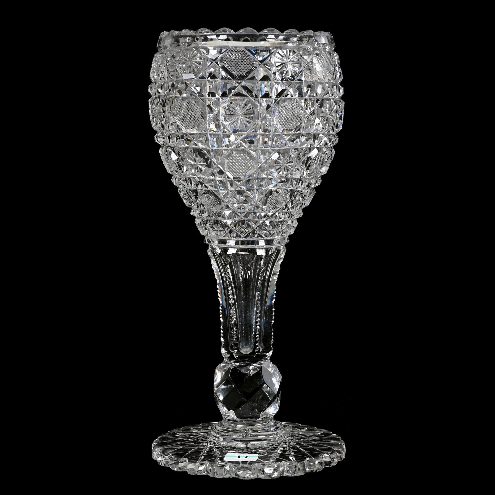 Chalice Vase, American Brilliant Cut Glass: Chalice Vase, American Brilliant Cut Glass, 11.75” x 5", Harvard Pattern, Scalloped Hobstar Foot, Small Outside Rim Nick, Texas Private Collection