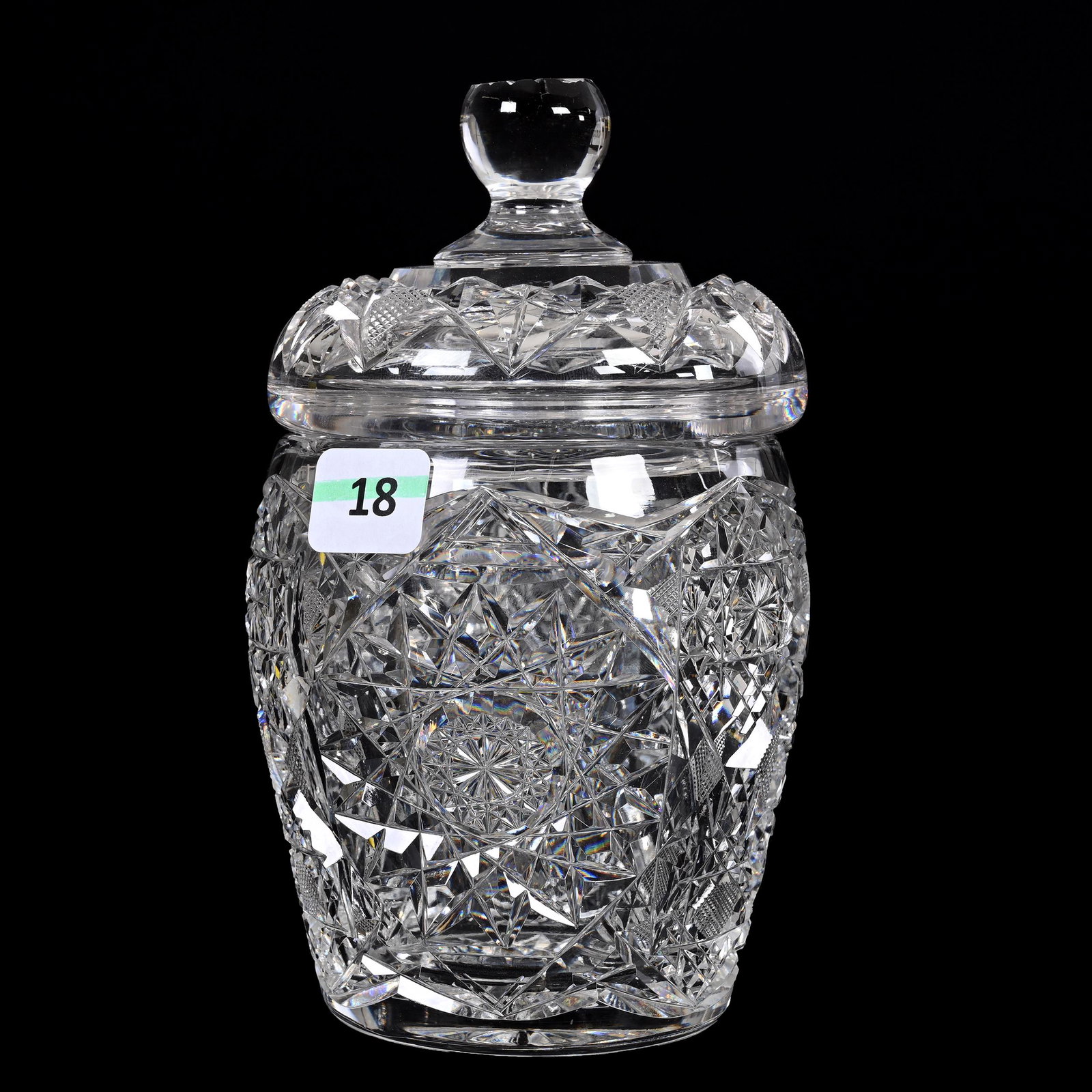 Covered Cigarette Jar, American Brilliant Cut Glass: Covered Cigarette Jar, American Brilliant Cut Glass, 6.5” x 3.5", Hobstar, Strawberry Diamond Motif, Pattern Cut Lid, Ray Cut Base, Texas Private Collection