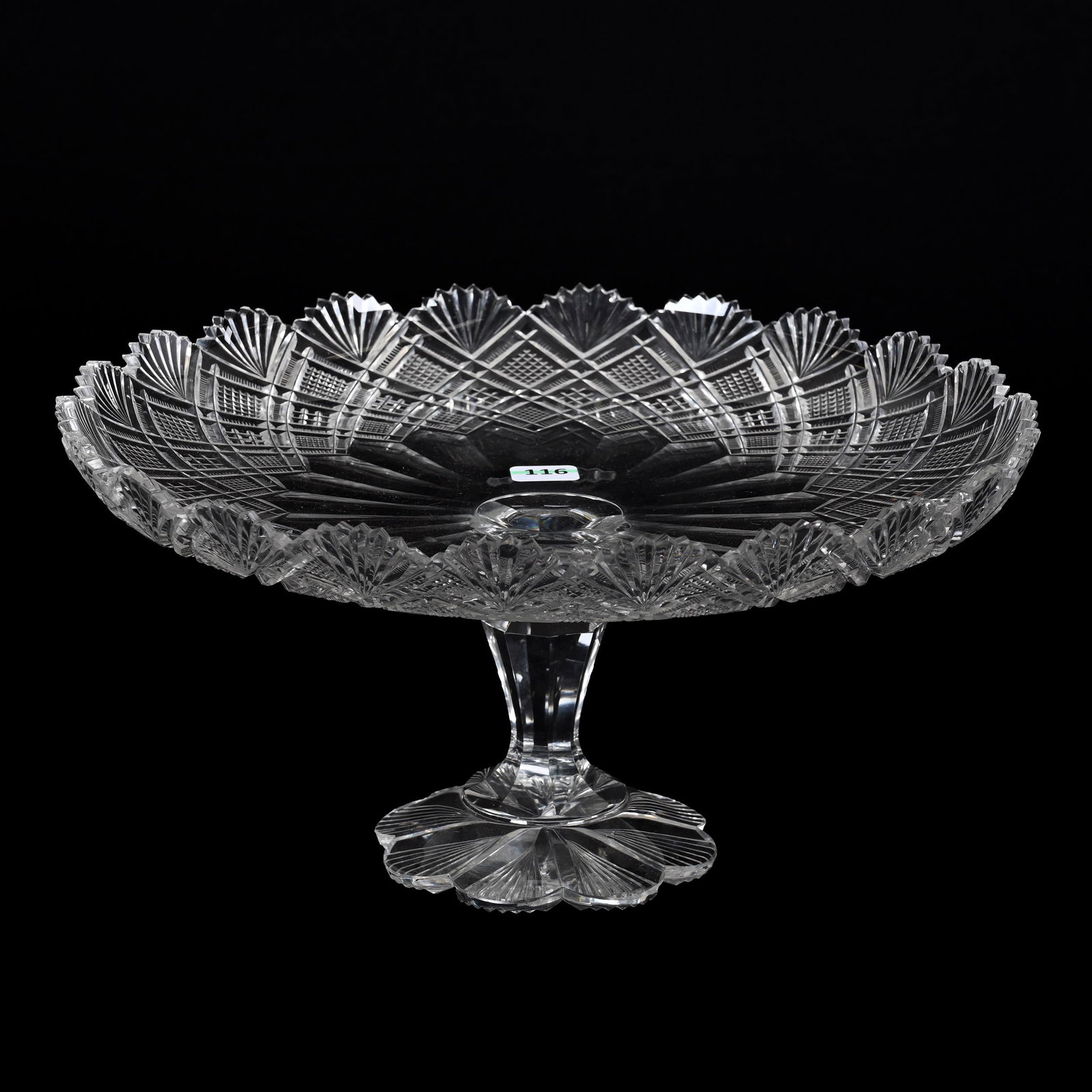Cake Stand, BPCG: Cake Stand, Brilliant Period Cut Glass, 6.25” x 12.25", Diamond, Zipper And Fan Motif, One Interior Rim Chip, One Exterior Rim Chip, Texas Private Collection