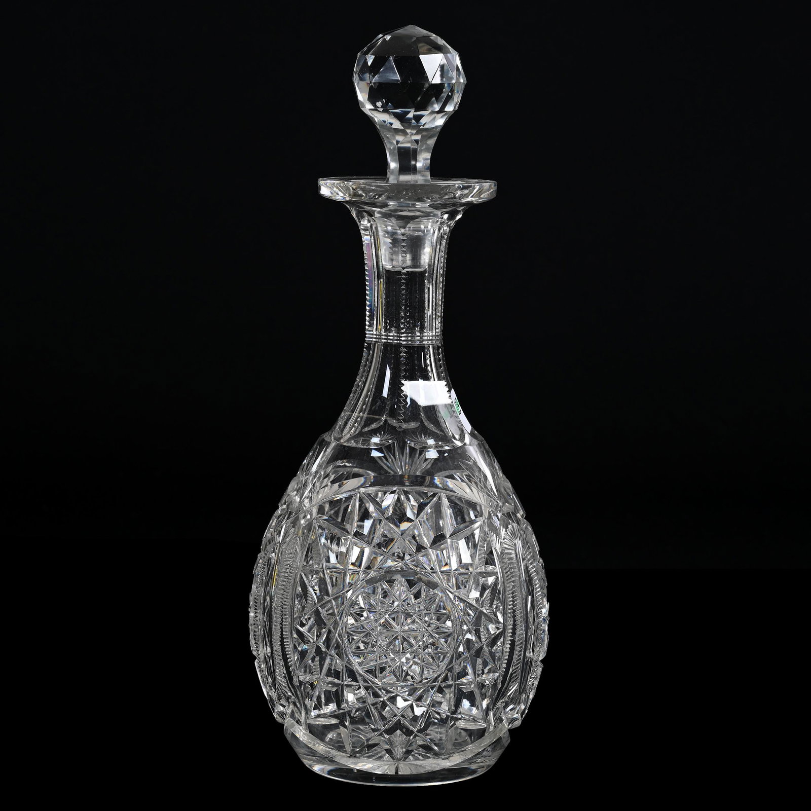Decanter, American Brilliant Cut Glass, Nevada Pattern By Pairpoint: Decanter, American Brilliant Cut Glass, Nevada Pattern By Pairpoint, 11.75” x 4.5", Possible Stopper Replacement, Rim Bruise, Texas Private Collection