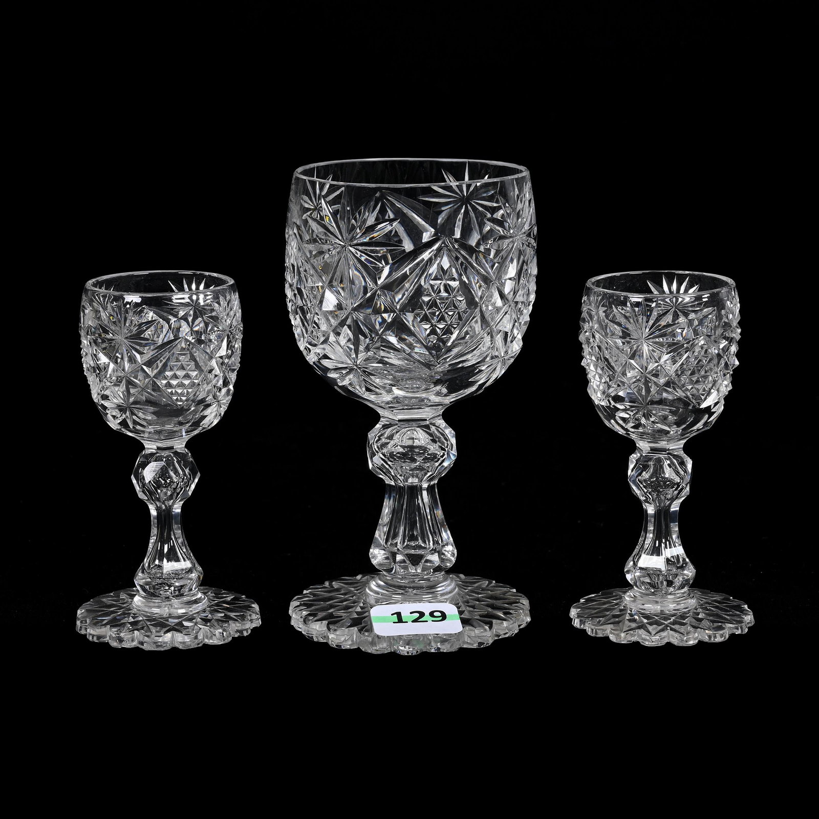 (3) Stems, American Brilliant Cut Glass, Bedford By Mt. Washington: (3) Stems, American Brilliant Cut Glass, Bedford By Mt. Washington, (1) 4.75" Wine Stem, Rim Polish, (2) 3.5" Cordial Stems, One Has Chip On Scallop, Texas Private Collection