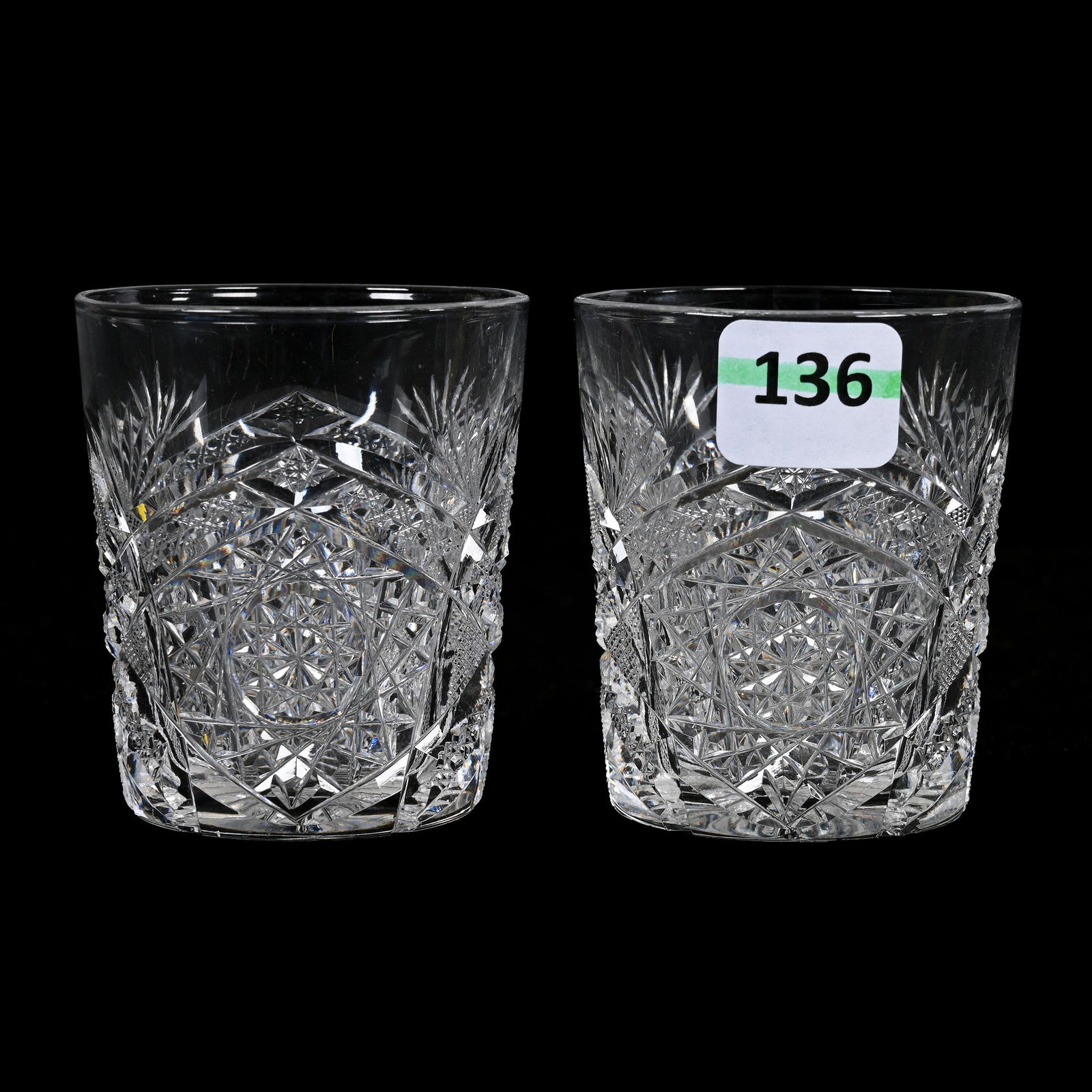 Pair Whiskey Glasses, American Brilliant Cut Glass, Signed J. Hoare: Pair Whiskey Glasses, American Brilliant Cut Glass, Signed J. Hoare, 2.5” x 2.25", Carolyn Pattern, Texas Private Collection