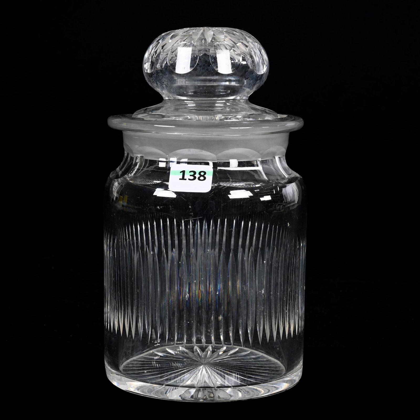 Cigar Humidor, American Brilliant Cut Glass: Cigar Humidor, American Brilliant Cut Glass, 7.75” x 4.25", Vertical Miter Pattern, Ray Cut Base, Pattern Cut Lid, Pattern Nicks, Nick On Lid Stob, Texas Private Collection