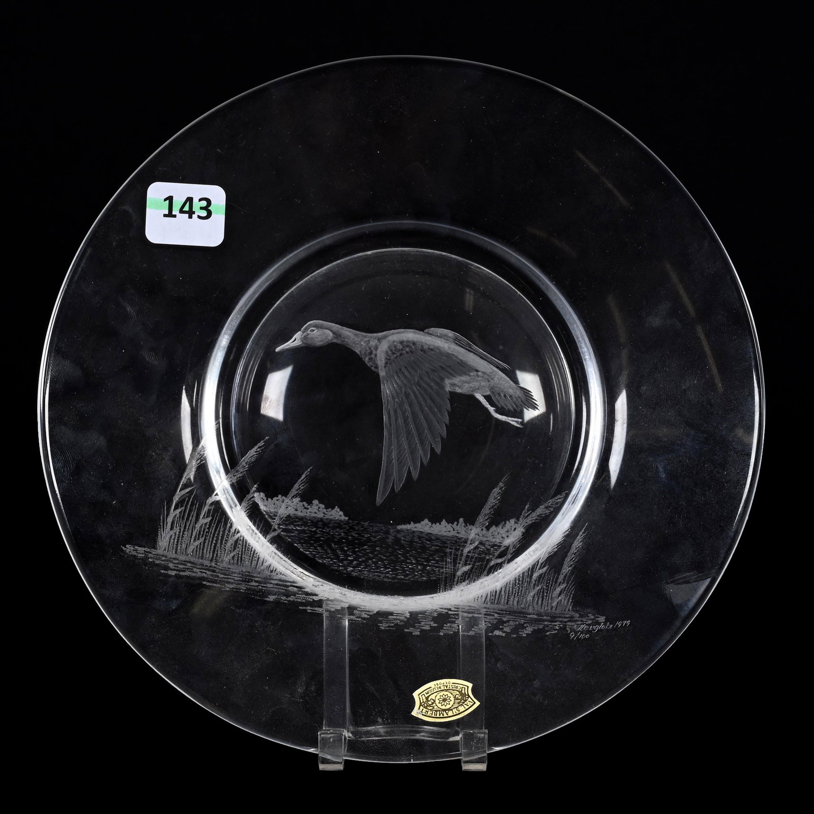 Plate, Cut Glass: Plate, Cut Glass, 8", Limited Edition Dated 1979, #9 Of 100 By Val St. Lambert, Duck In Flight, Engraved On Front And Back Of Plate Giving Three Dimensional Effect, Texas Private Collection
