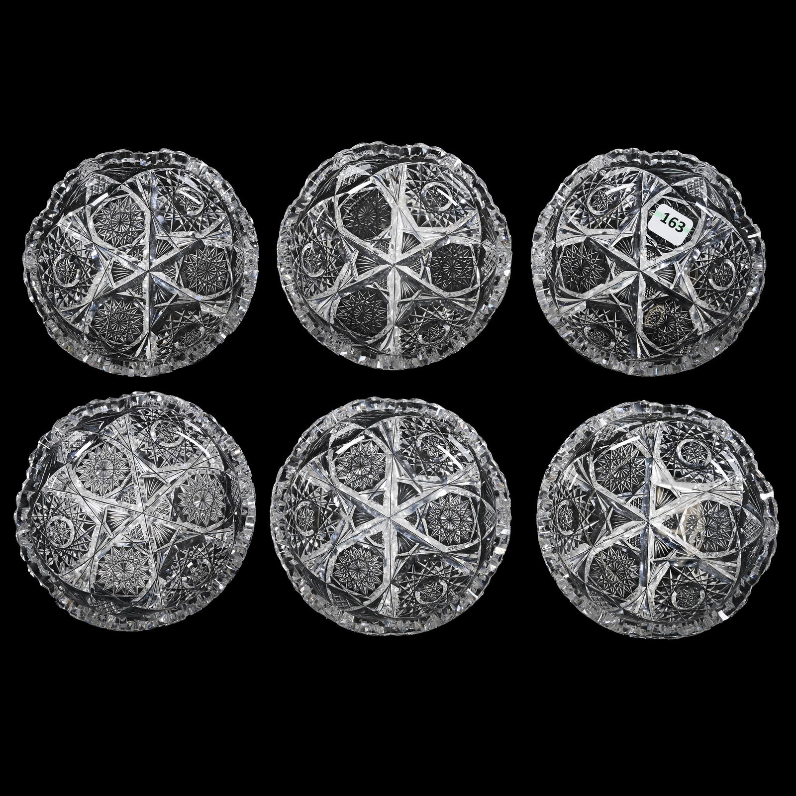 (6) Berry Dishes, American Brilliant Cut Glass, Signed Libbey: (6) Berry Dishes, American Brilliant Cut Glass, Signed Libbey, 5", Three Sections Of Hobstar, Crosscut Diamond And Fan Motif, One Has Outside Rim Tooth Chip And Rim Roughness, Texas Private Collection