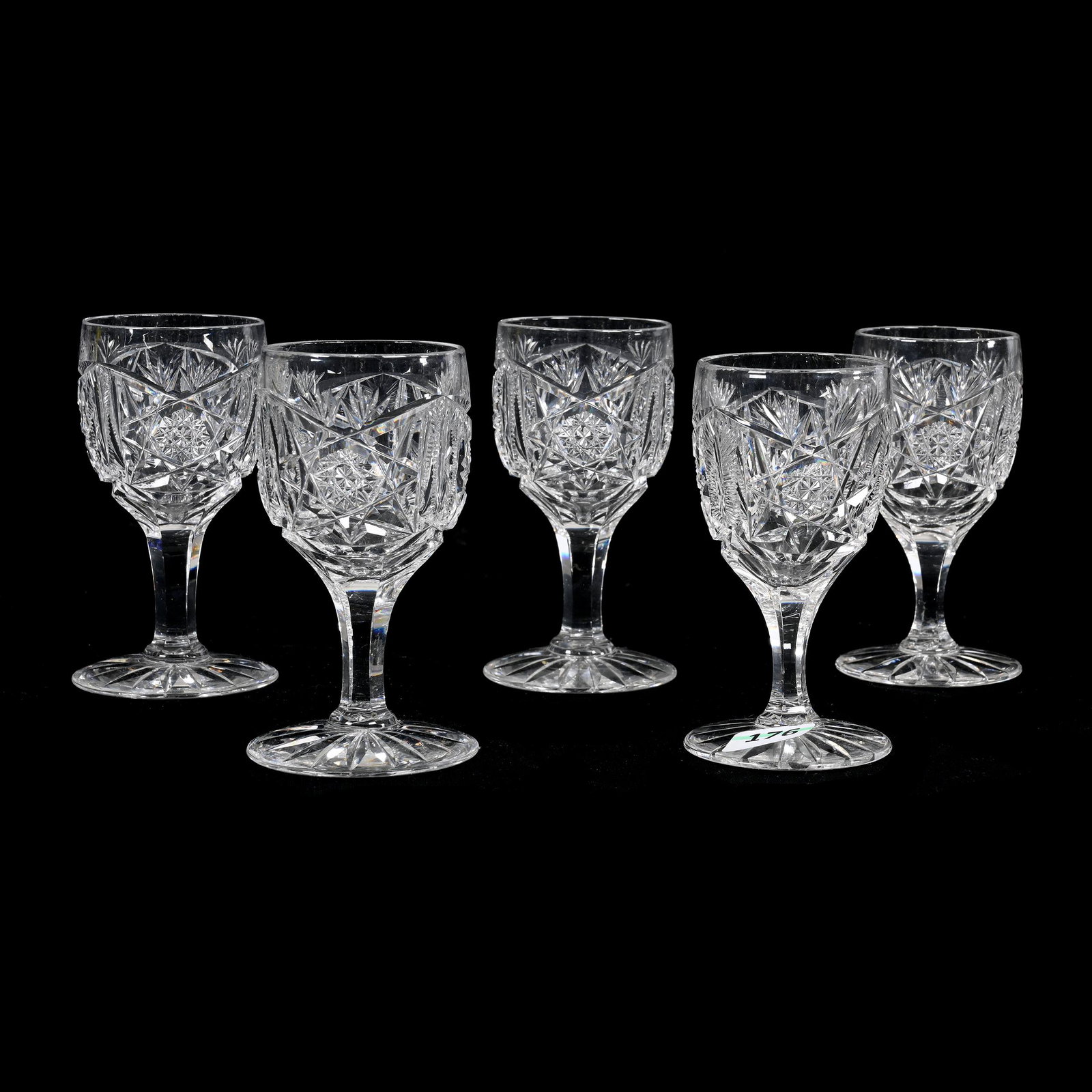 (5) Wine Stems, American Brilliant Cut Glass, Nevada Pattern By Pairpoint: (5) Wine Stems, American Brilliant Cut Glass, Nevada Pattern By Pairpoint, 4.25” x 2.25", Ray Cut Foot, Texas Private Collection