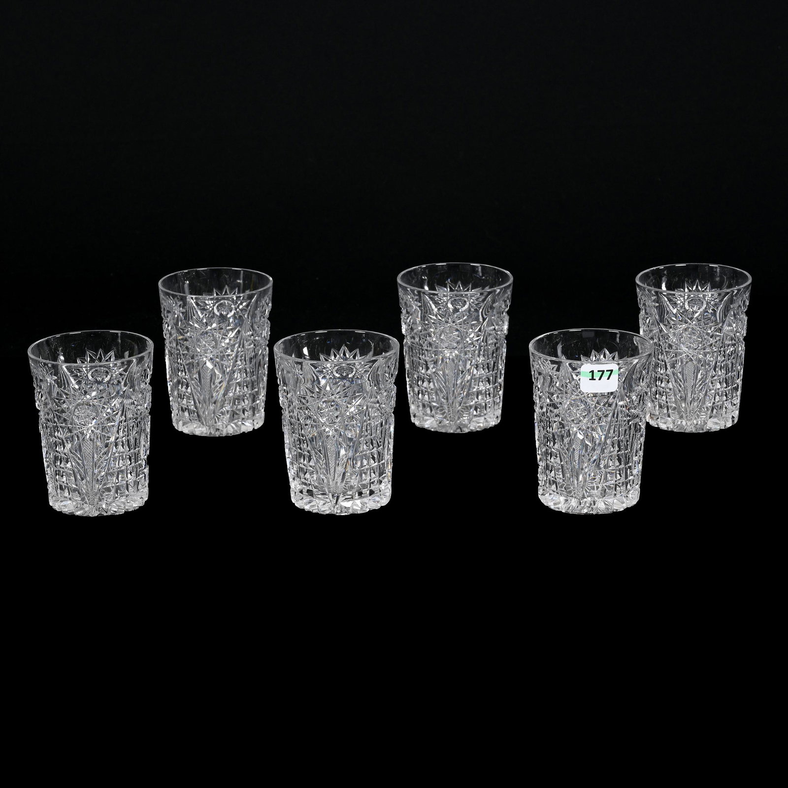 (6) Tumblers, American Brilliant Cut Glass, Signed Libbey Pattern 47: (6) Tumblers, American Brilliant Cut Glass, Signed Libbey Pattern 47, 3.75” x 3", Hobstar, Prism, Strawberry Diamond Motif, Ray Cut Base, Texas Private Collection