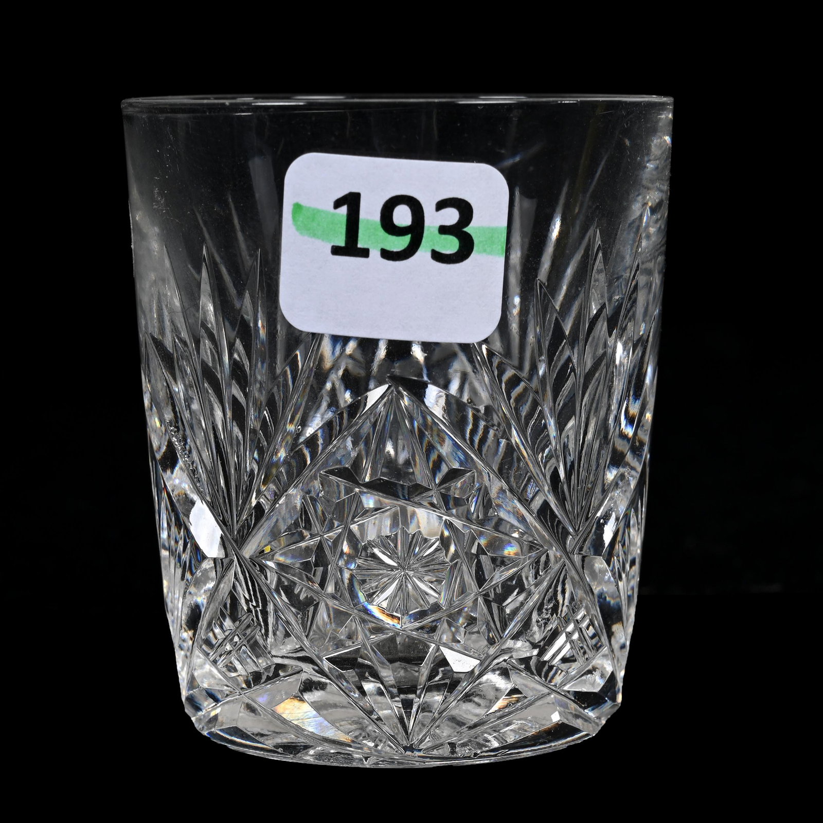 Whiskey Tumbler, American Brilliant Cut Glass: Whiskey Tumbler, American Brilliant Cut Glass, 2.5” x 2.25", Hobstar, Crosshatch And Fan Motif, Ray Cut Base, Texas Private Collection