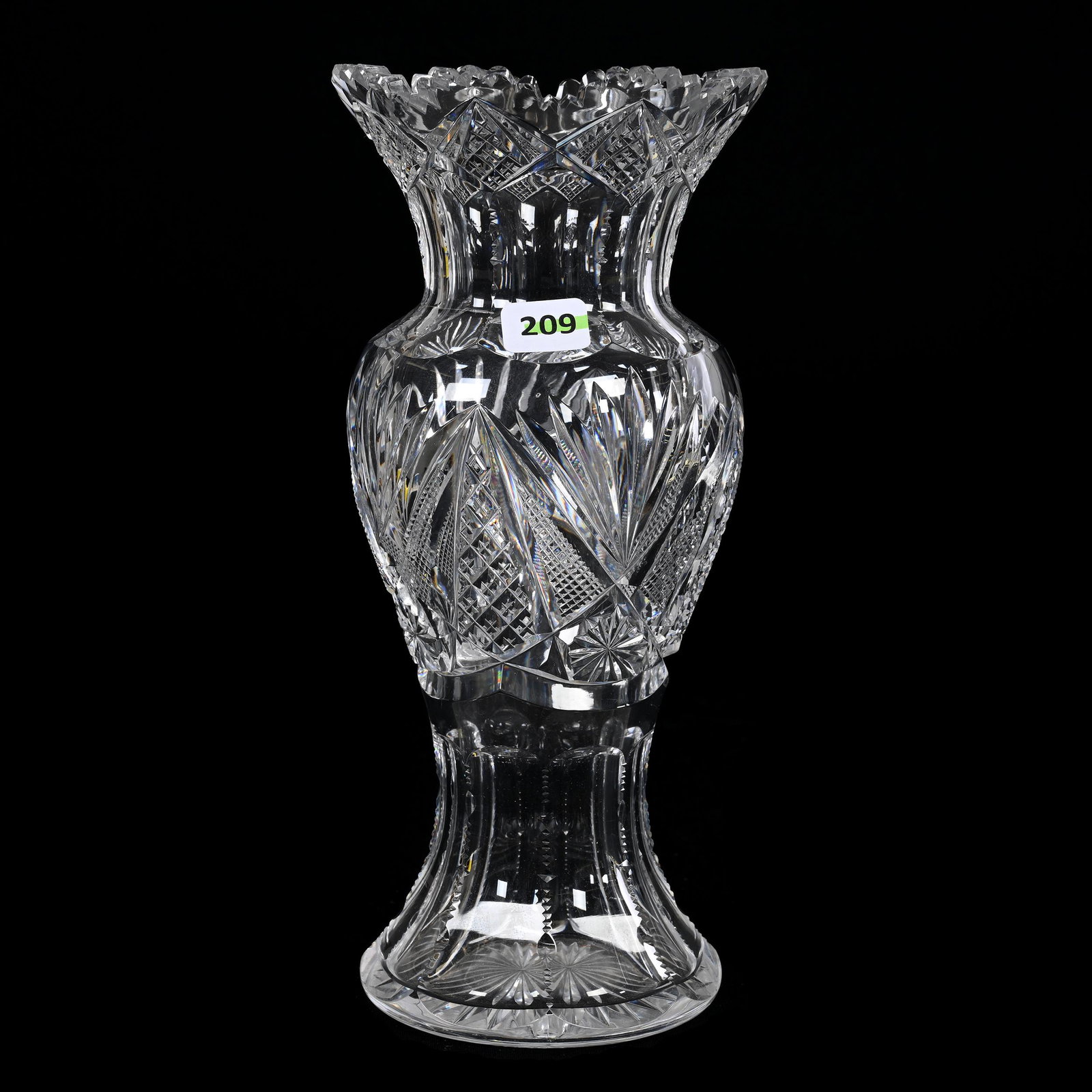 Vase, American Brilliant Cut Glass: Vase, American Brilliant Cut Glass, 10” x 4.5", Crosscut Diamond, Strawberry Diamond, Star And Fan Motif, Tooth Chips, Texas Private Collection