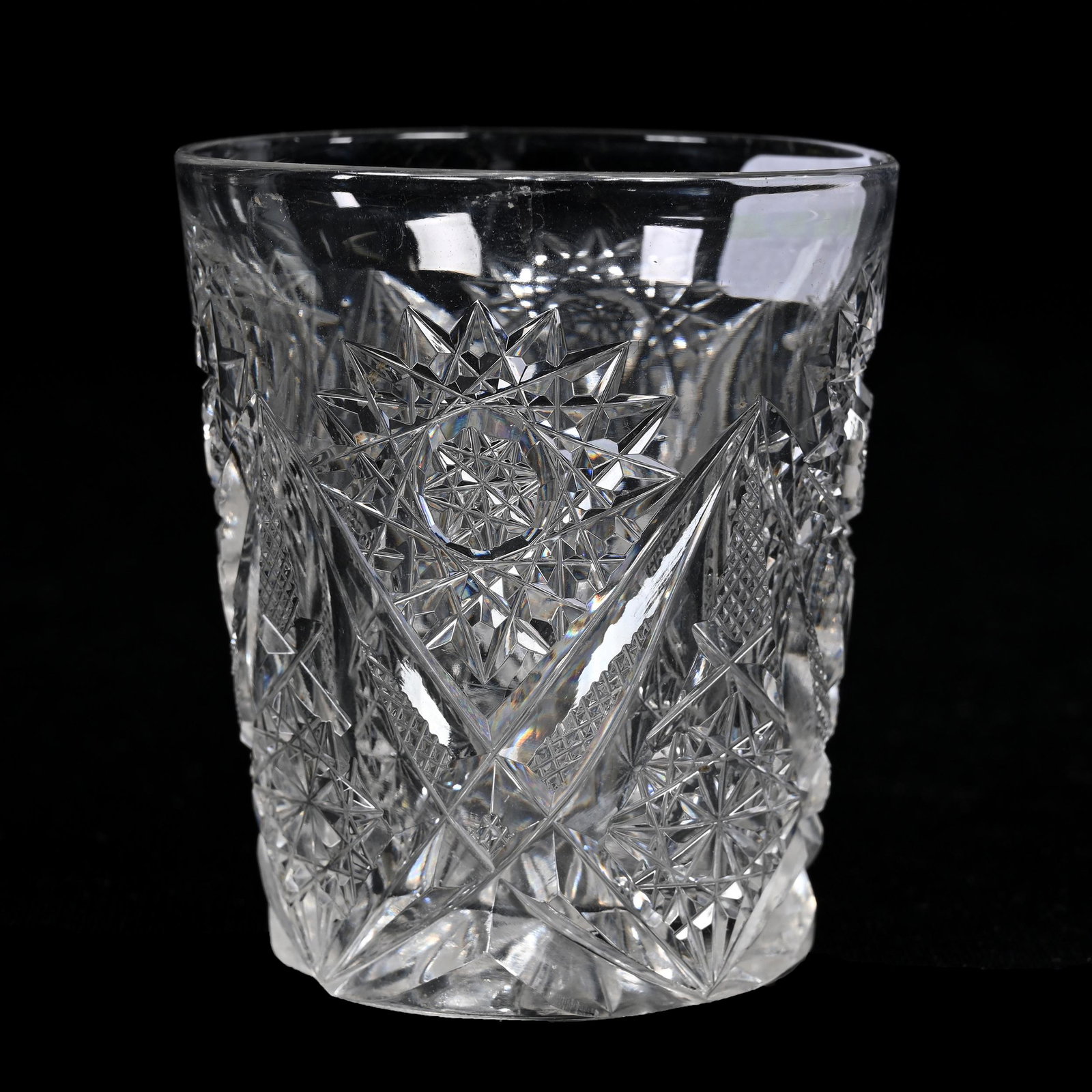 Whiskey Tumbler, American Brilliant Cut Glass: Whiskey Tumbler, American Brilliant Cut Glass, 2.75” x 2.25", Hobstar And Strawberry Diamond Motif, Ray Cut Base, Texas Private Collection