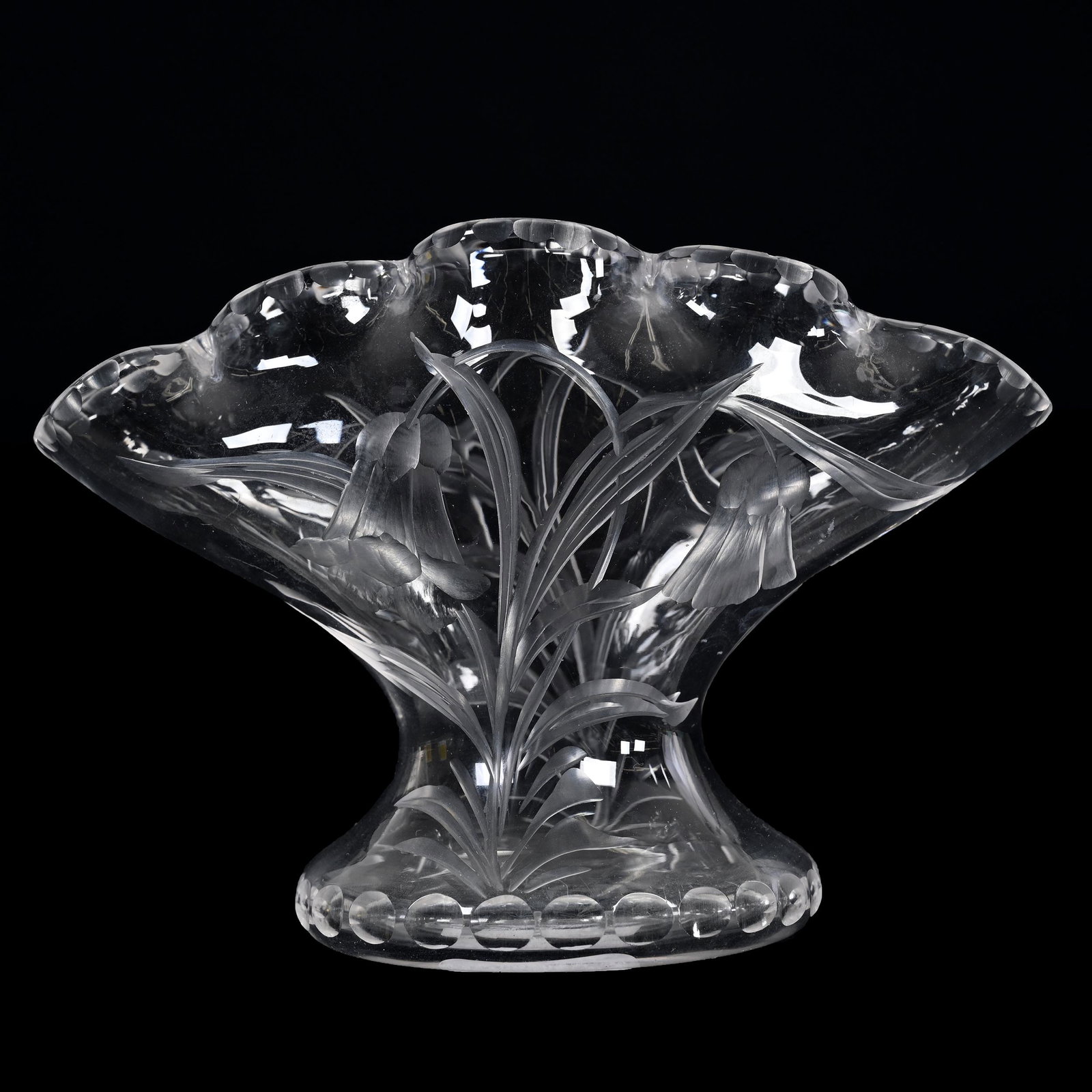 Bud Vase, BPCG, Marked Stevens & Williams: Bud Vase, Brilliant Period Cut Glass, Marked Stevens & Williams, 3.5” x 5", Engraved Floral Design, Fan Shape, Texas Private Collection
