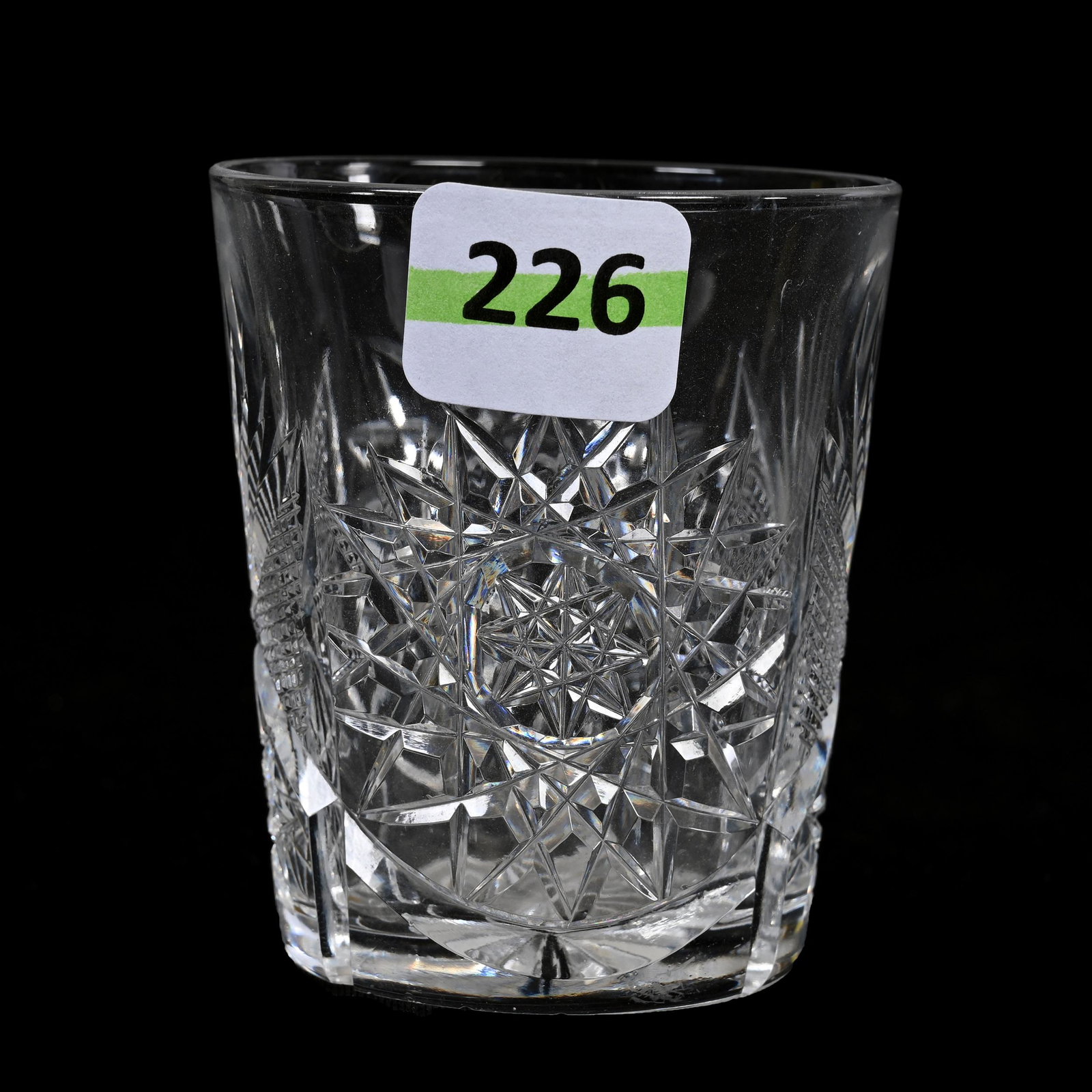 Whiskey Tumbler, American Brilliant Cut Glass: Whiskey Tumbler, American Brilliant Cut Glass, 2.75” x 2.25", Hobstar, Strawberry Diamond And Fan Motif, Ray Cut Base, Texas Private Collection