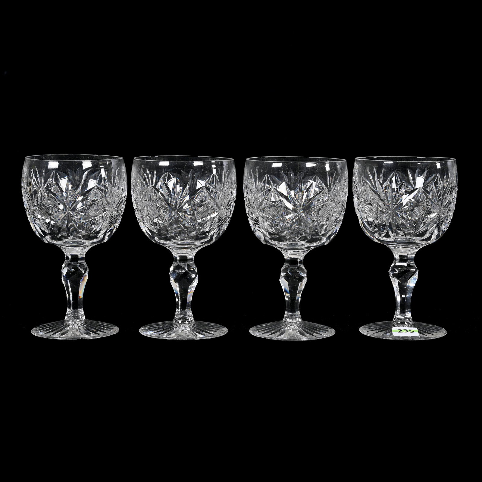 (4) Goblets, American Brilliant Cut Glass, Signed Egginton: (4) Goblets, American Brilliant Cut Glass, Signed Egginton, 6” x 3.5", Hobstar And Fan Motif, Ray Cut Foot, Texas Private Collection