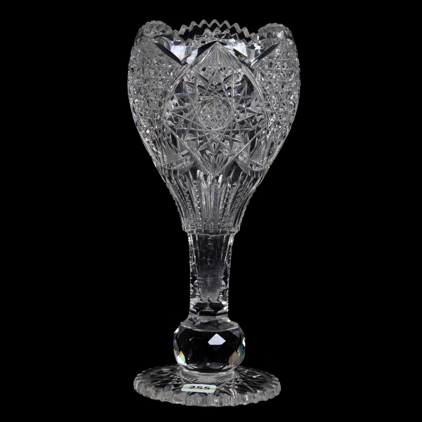 Chalice Vase, American Brilliant Cut Glass: Chalice Vase, American Brilliant Cut Glass, 10” x 4.5", Hobstar, Cane And Prism Motif, Facet Cut Ball Stem, Scalloped Hobstar Foot, One Tooth Chip On Rim And One Tooth Chip On Scallop, James & Geral