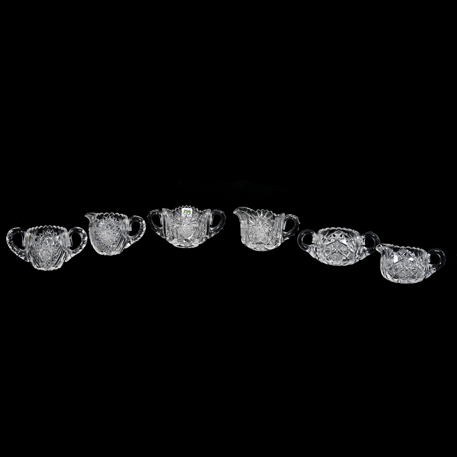 (3) Pair Creamer & Sugar Sets, American Brilliant Cut Glass: (3) Pair Creamer & Sugar Sets, American Brilliant Cut Glass, (1) Hobstar And Fan Motif, Handle Crack In Sugar, (1) Hobstar And Miter Motif, Creamer & Sugar Both Have Handle Cracks, (1) Oval Heart Patt