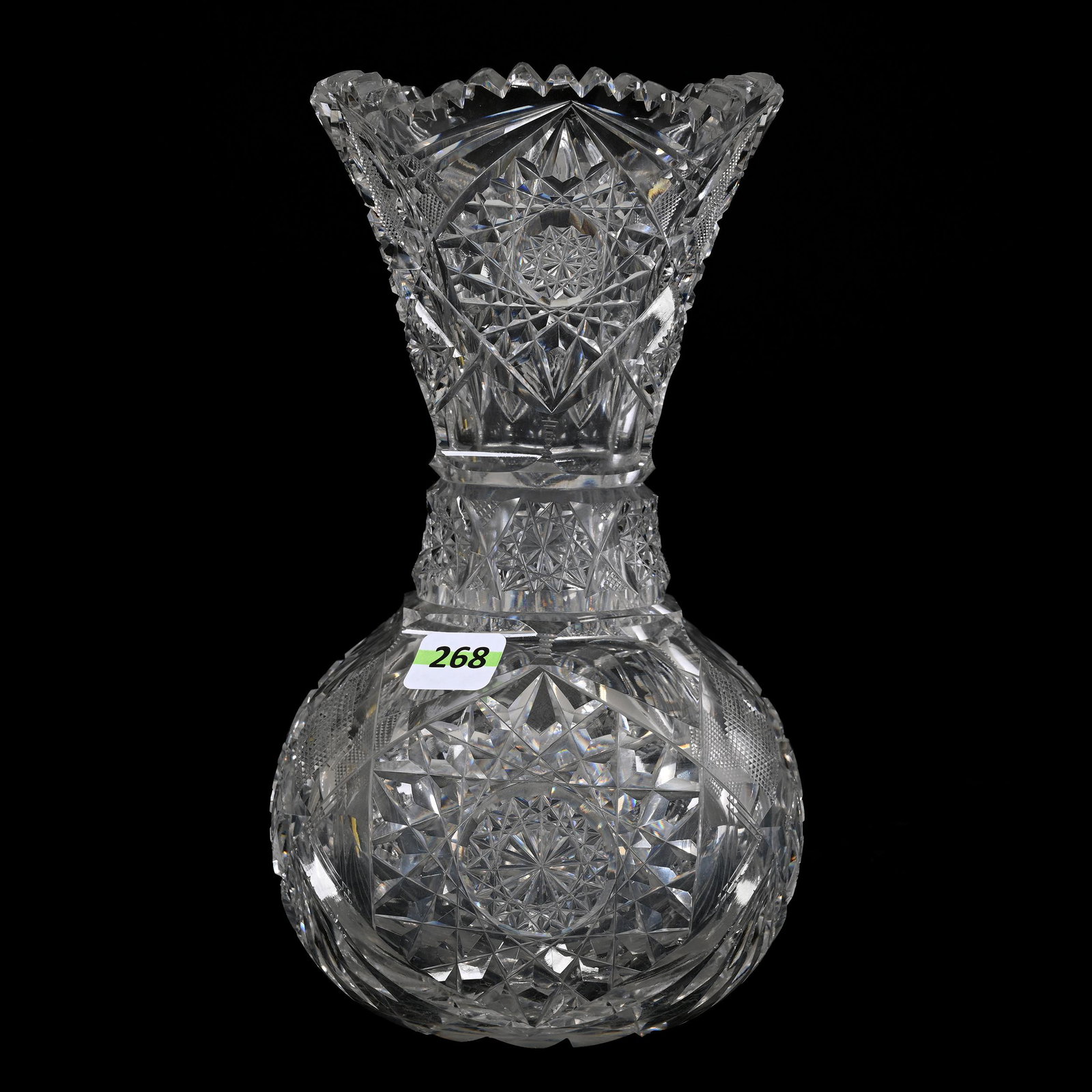 Vase, American Brilliant Cut Glass: Vase, American Brilliant Cut Glass, 9” x 4.5", Hobstar, Strawberry Diamond, Star And Fan Motif, Some Pattern Roughness, One Slanted Tooth Chip, James & Geraldine Imlay Collection