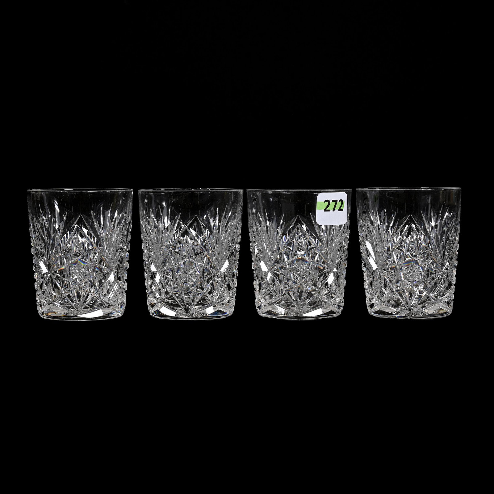 (4) Whiskey Tumblers, American Brilliant Cut Glass: (4) Whiskey Tumblers, American Brilliant Cut Glass, 2.75” x 2.25", Hobstar, Cane, Strawberry Diamond And Fan Motif, Two Have Rim Chips, Ray Cut Base, James & Geraldine Imlay Collection