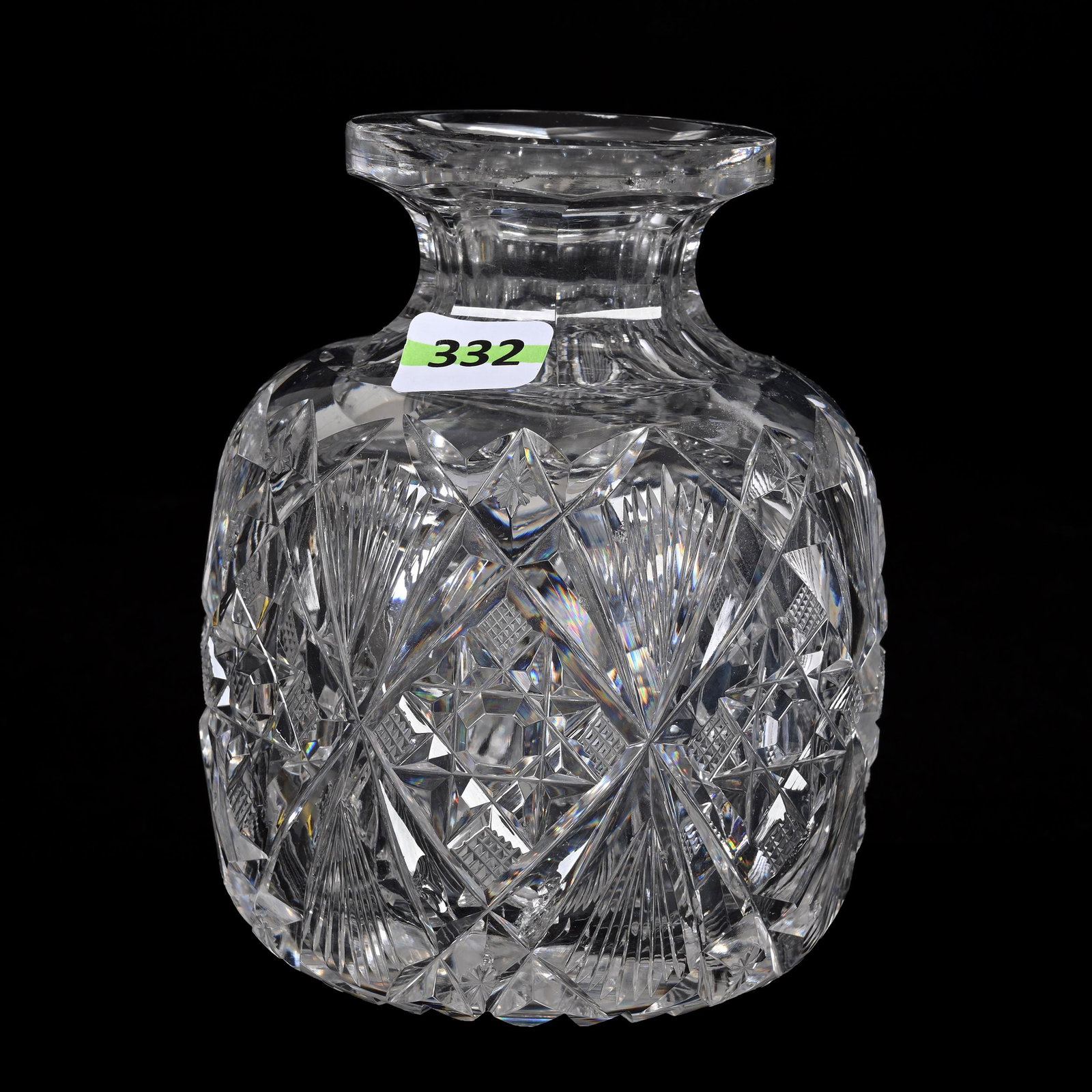 Cologne Bottle, American Brilliant Cut Glass: Cologne Bottle, American Brilliant Cut Glass, 5.25” x 4", Pattern Resembles Brazilian Pattern By Hawkes With Some Variations, No Stopper, Approximately 1" Plug Diameter, Some Pattern Chips, Patricia