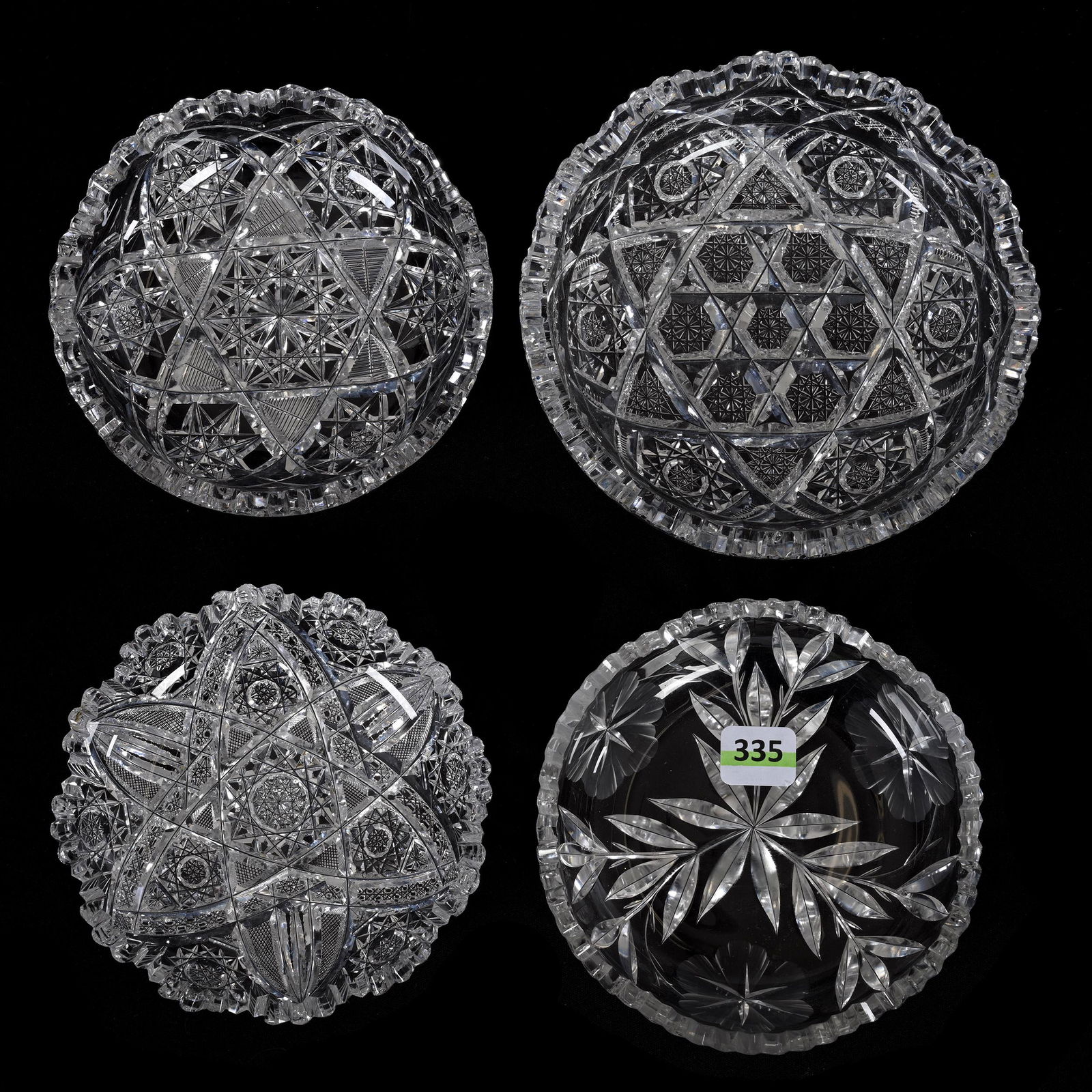 (4) Nappies, American Brilliant Cut Glass: (4) Nappies, American Brilliant Cut Glass, (1) 6", Signed J. Hoare Steuben Pattern, (1) 5", Signed Tuthill, Hobstar Motif, (1) 5", Signed Tuthill, Engraved Floral Motif, Two Small Tooth Chips, (1) 5",