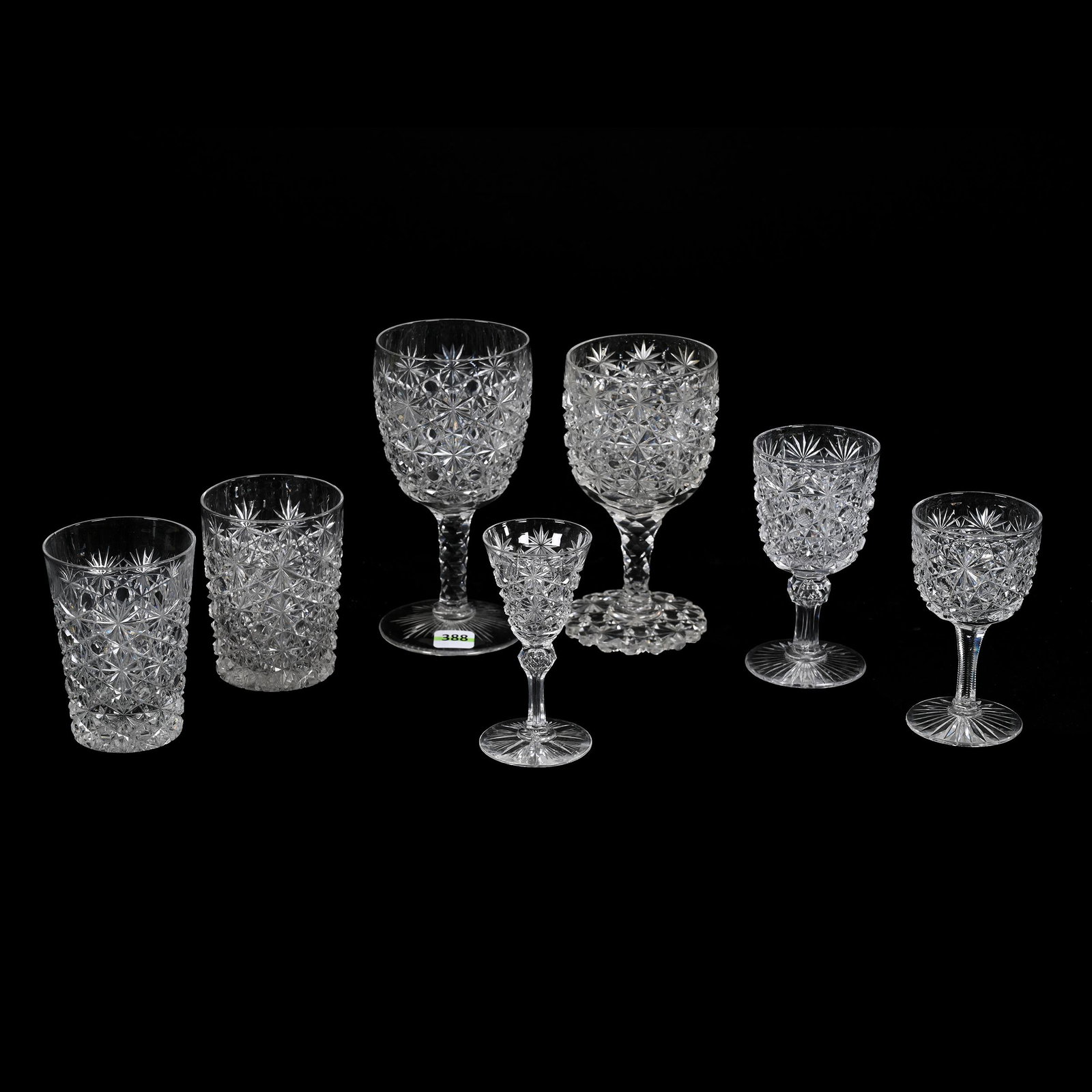(7) Assorted American Brilliant Cut Glass Items, All Are Russian Pattern: (7) Assorted American Brilliant Cut Glass Items, All Are Russian Pattern, Each Has A Variation Of Russian, Each Has A Different Shape, (1) 6.75" Goblet, (1) 6.25" Goblet, (1) 5" Tumbler, (1) 4.5" Wine