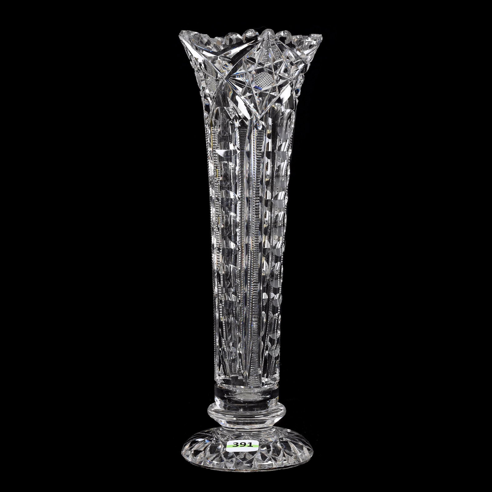 Pedestal Vase, American Brilliant Cut Glass: Pedestal Vase, American Brilliant Cut Glass, 11.75” x 4", Hobstar, Punty And Zipper Motif, Hobstar Foot, Sizable Outside Rim Chip, Patricia Finley Collection