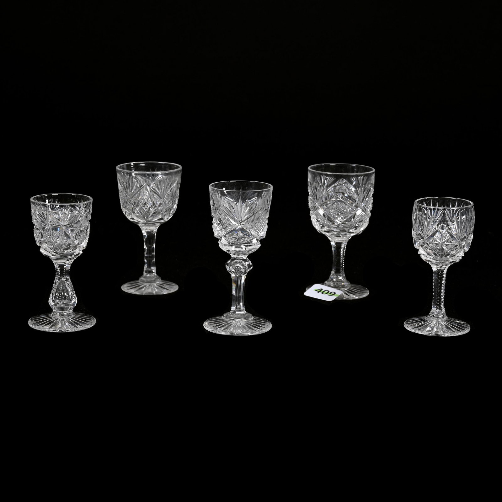 (5) Cordial Stems, American Brilliant Cut Glass: (5) Cordial Stems, American Brilliant Cut Glass, Sizes From 3" To 3.5", (1) Lotus Pattern By Egginton, (1) Colonna Pattern By Libbey And More, See Photos For Details, Patricia Finley Collection