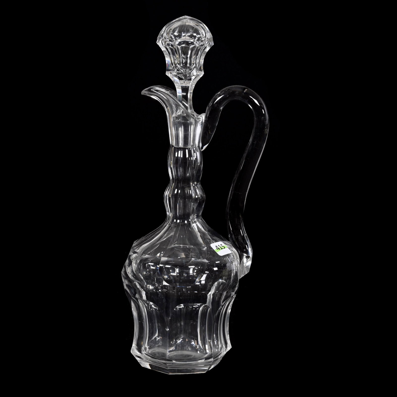 Handled Decanter, American Brilliant Cut Glass, Flute Pattern: Handled Decanter, American Brilliant Cut Glass, Flute Pattern, 14.75” x 5.5", Good Matching Stopper, Small Nick On One Ridge, Patricia Finley Collection