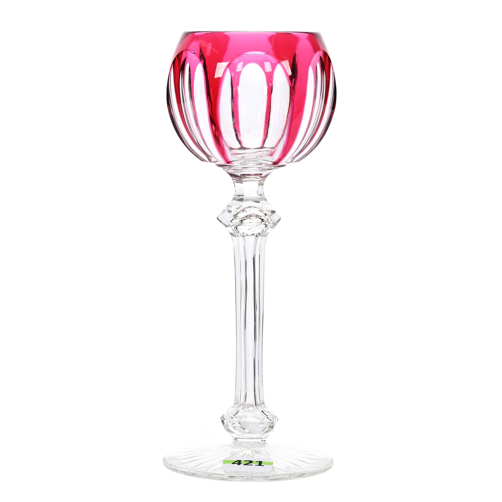 Wine Stem, BPCG, Cranberry Cut To Clear: Wine Stem, Brilliant Period Cut Glass, Cranberry Cut To Clear, 7.75” x 2.75", Flute Pattern, Long Apple Core Stem, Ray Cut Foot, Attributed To Val St. Lambert, Patricia Finley Collection