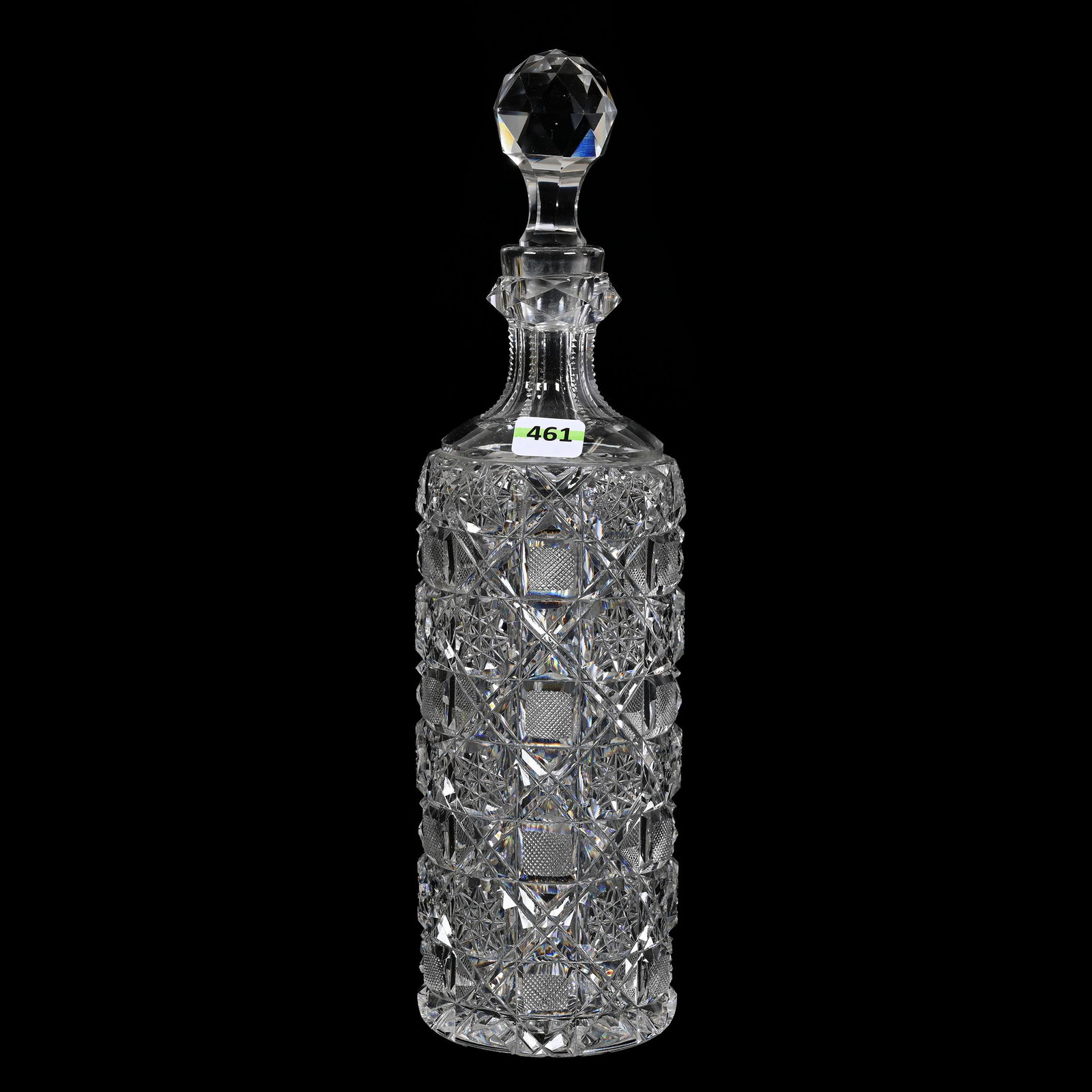 Whiskey Bottle, American Brilliant Cut Glass: Whiskey Bottle, American Brilliant Cut Glass, 12.75” x 3.25", Hobstar, Block And Lattice Design, Ray Cut Base, Facet Cut Ring Neck, Possible Replacement Stopper, Nick On Stopper Plug, Patricia Finle