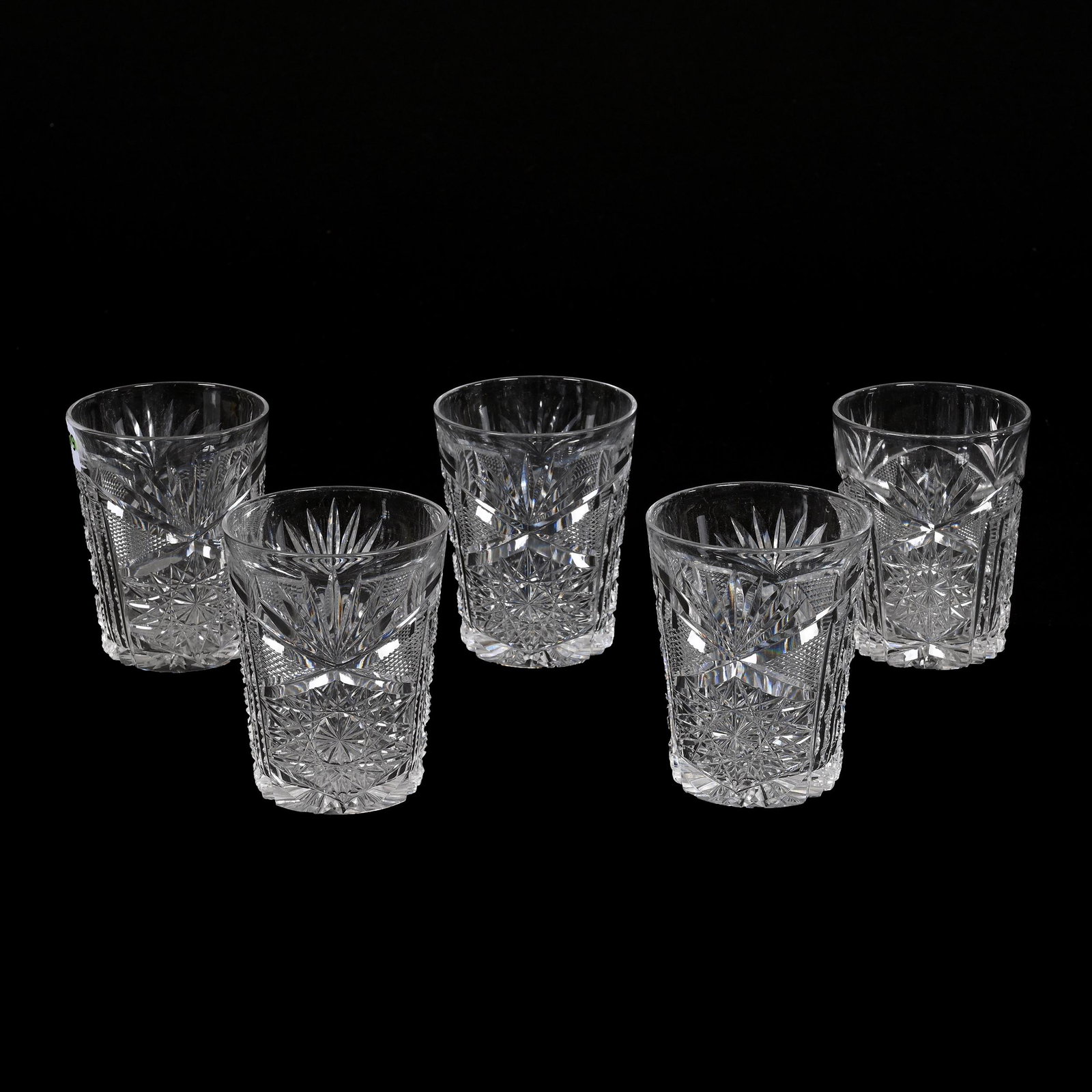 (5) Tumblers, American Brilliant Cut Glass, Signed Libbey New Brilliant: (5) Tumblers, American Brilliant Cut Glass, Signed Libbey New Brilliant, 3.75” x 3", Base Roughness On One, Patricia Finley Collection