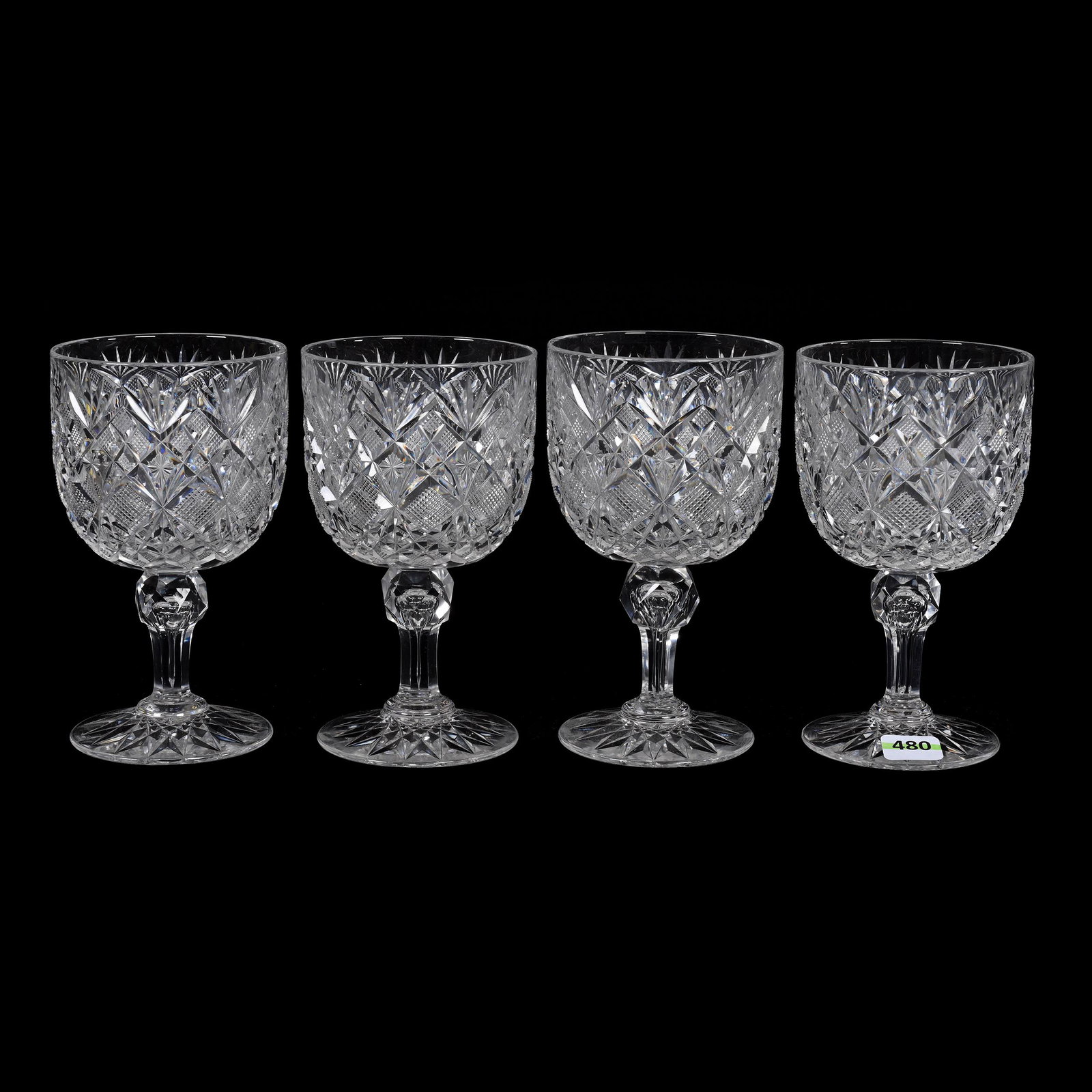 (4) Goblets, American Brilliant Cut Glass, Venetian Pattern By Straus: (4) Goblets, American Brilliant Cut Glass, Venetian Pattern By Straus, 6” x 3.5", Hobstar Foot, Nice Set, Patricia Finley Collection