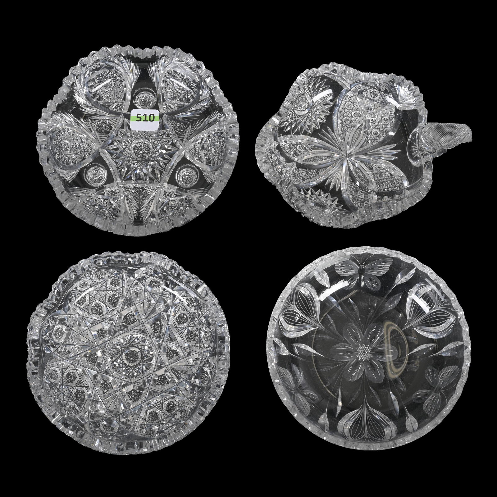(4) American Brilliant Cut Glass Nappies: (4) American Brilliant Cut Glass Nappies, (1) 6" Three Footed, Signed Fry, Hobstar, Wreath And Vesica Motif, (1) 6", Murillo Pattern By Pairpoint, (1) 6", Hobstar And Hobstar Cluster Motif, Tooth Chip