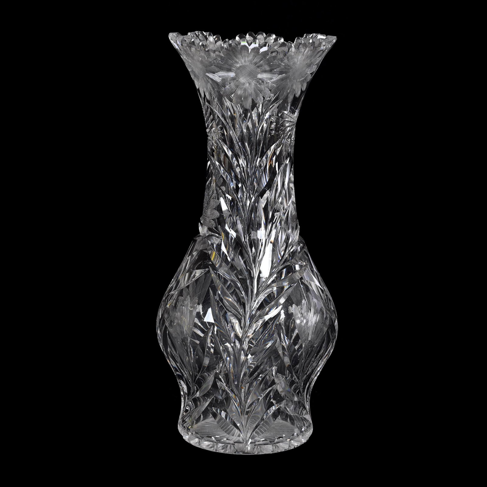Vase, American Brilliant Cut Glass: Vase, American Brilliant Cut Glass, 12.5” x 5.5", Engraved Floral And Butterfly Decor, Hard To See Chip On One Leaf, Patricia Finley Collection