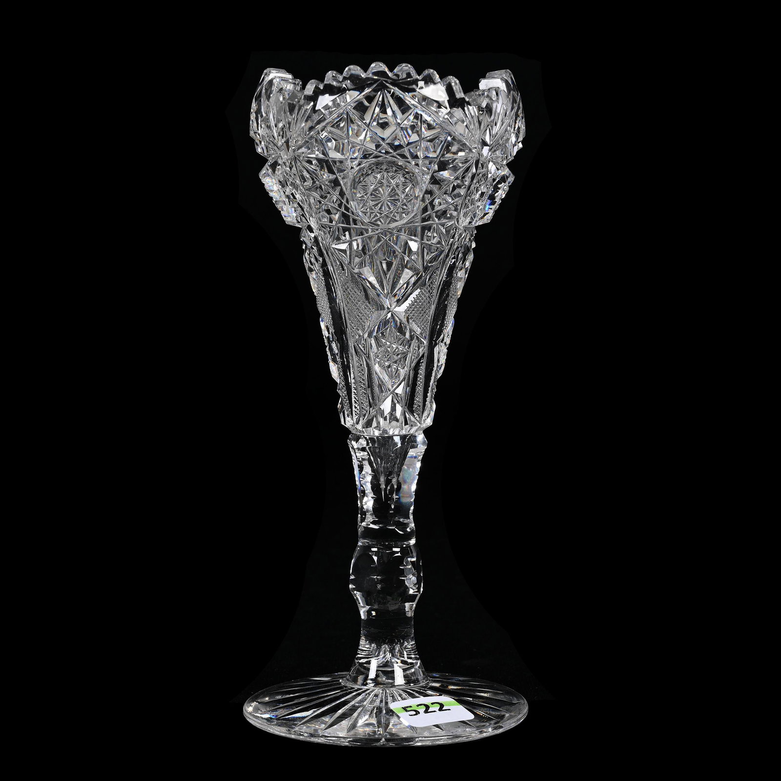 Vase, American Brilliant Cut Glass, Signed Pitkin & Brooks Plaza Pattern: Vase, American Brilliant Cut Glass, Signed Pitkin & Brooks Plaza Pattern, 8” x 3.5", Hobstar, Strawberry Diamond Motif, Ray Cut Foot, Nice Tulip Form, Patricia Finley Collection