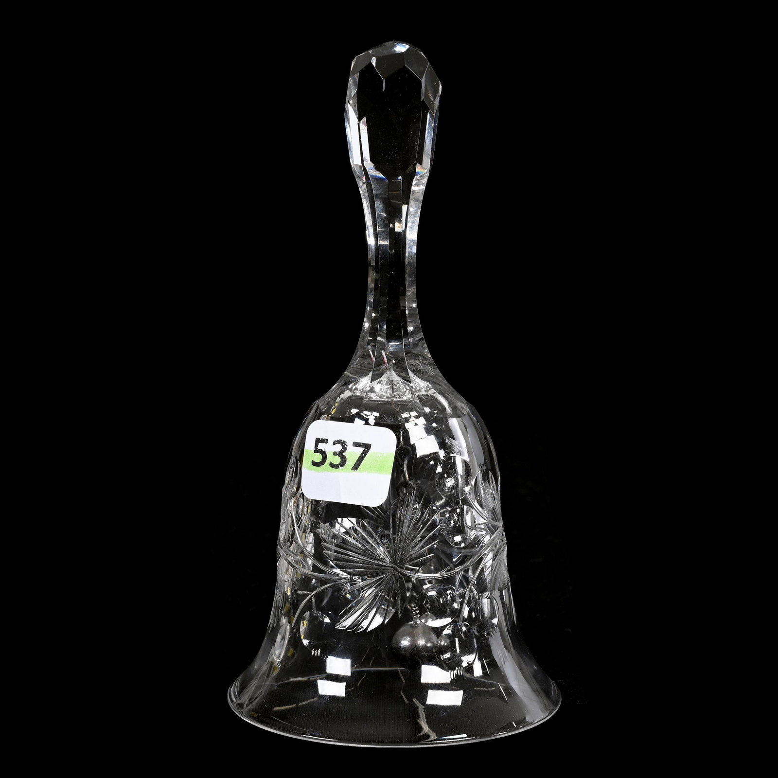 Dinner Bell, American Brilliant Cut Glass: Dinner Bell, American Brilliant Cut Glass, 6” x 3", Nicely Engraved Leaf And Berry Decor, Good Sound, Patricia Finley Collection