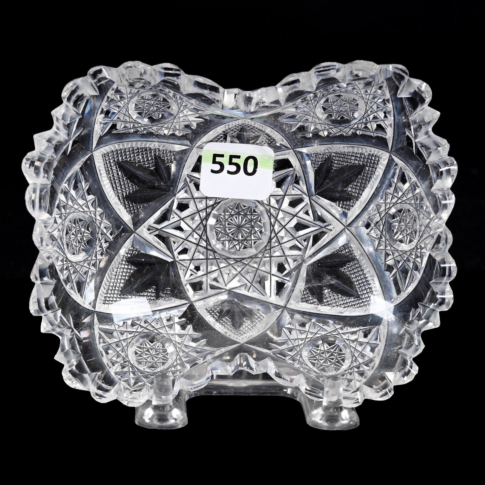 Olive Tray, American Brilliant Cut Glass, Signed Egginton Lotus Pattern: Olive Tray, American Brilliant Cut Glass, Signed Egginton Lotus Pattern, 5” x 4", (Signature Is Extremely Faint), Light Chip On Two Teeth, Patricia Finley Collection