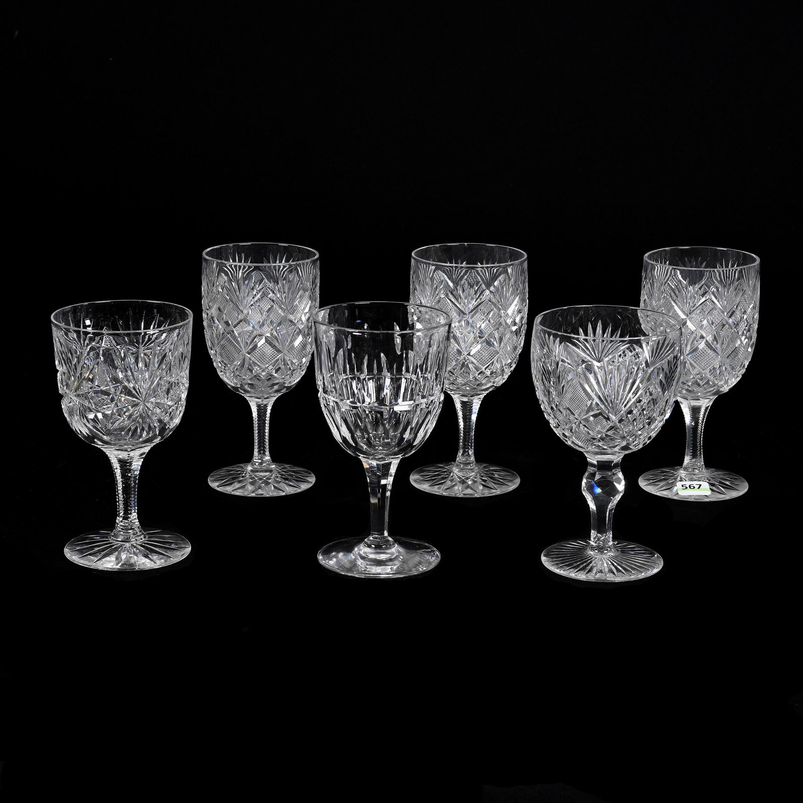 (6) Goblets, American Brilliant Cut Glass: (6) Goblets, American Brilliant Cut Glass, Includes (3) 6.5" Venetian Pattern By Straus, Hobstar Foot, (1) 6" Princess Pattern By Libbey, (1) 6" Oval And Split Pattern By Dorflinger, (1) 6", Hobstar A
