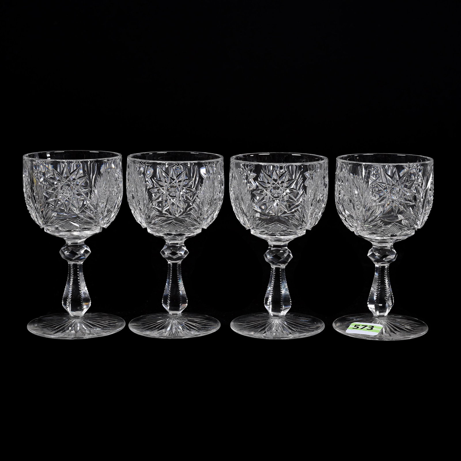 (4) Wine Stems, American Brilliant Cut Glass: (4) Wine Stems, American Brilliant Cut Glass, 4.5” x 2.5", All Same Pattern Which Resembles Laurel Wreath By Pitkin & Brooks, Patricia Finley Collection