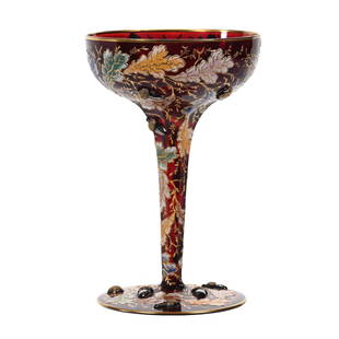 Champagne Stem, Unmarked Cranberry Moser Art Glass: Champagne Stem, Unmarked Cranberry Moser Art Glass, 5.75" x 3.75", Heavy Enamel Colorful Leaf Decor, Applied Acorns And Insect Highlights, Estate Of Dr. Barry and Dee Free.