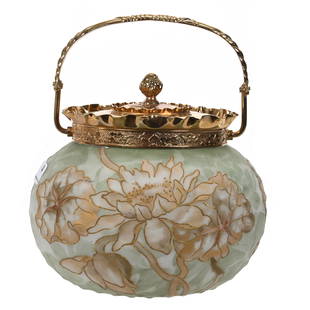 Biscuit Jar Marked Crown Milano #521 Art Glass: Biscuit Jar Marked Crown Milano #521 Art Glass, 6.5" x 6.75", Green And White Mottled Ground, Lotus Blossom Enamel Decor, Gilded Silverplate Lid And Bail Marked Mt. Washington, Estate Of Dr. Barry