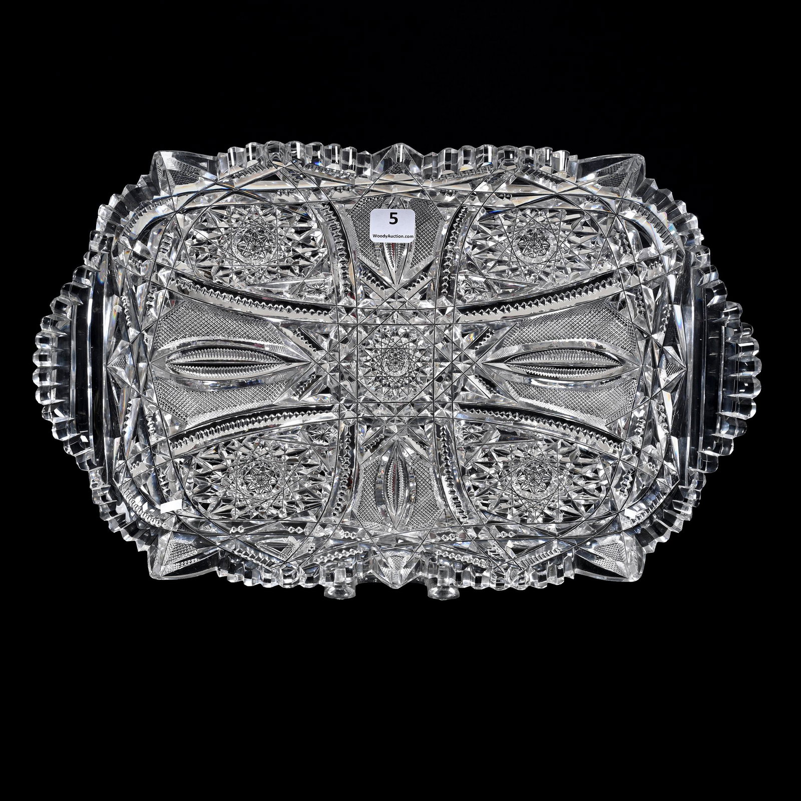 Dresser Tray, American Brilliant Cut Glass: Dresser Tray, American Brilliant Cut Glass, 13.5" x 8.5", Incredibly Well Cut Hobstar, Prism, Vesica And Strawberry Diamond Motif, Estate Of Dr. Barry and Dee Free. UPDATED 3-23-23: Chips In Pattern, 