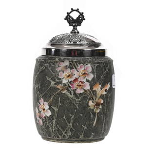 Humidor Marked Kelva Art Glass: Humidor Marked Kelva Art Glass, 6.75" x 4.25", Green Mottled Ground, Pink Floral Decor, Fitted Silverplate Lid, Estate Of Dr. Barry and Dee Free.